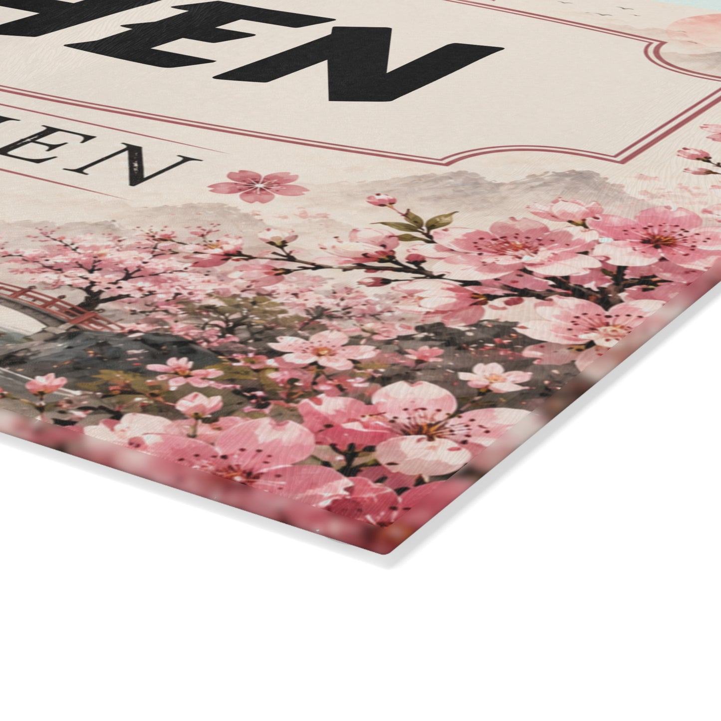 Personalized Glass Cutting Board - Cherry Blossom '[YOUR LAST NAME] Kitchen' Decorative Countertop Sign