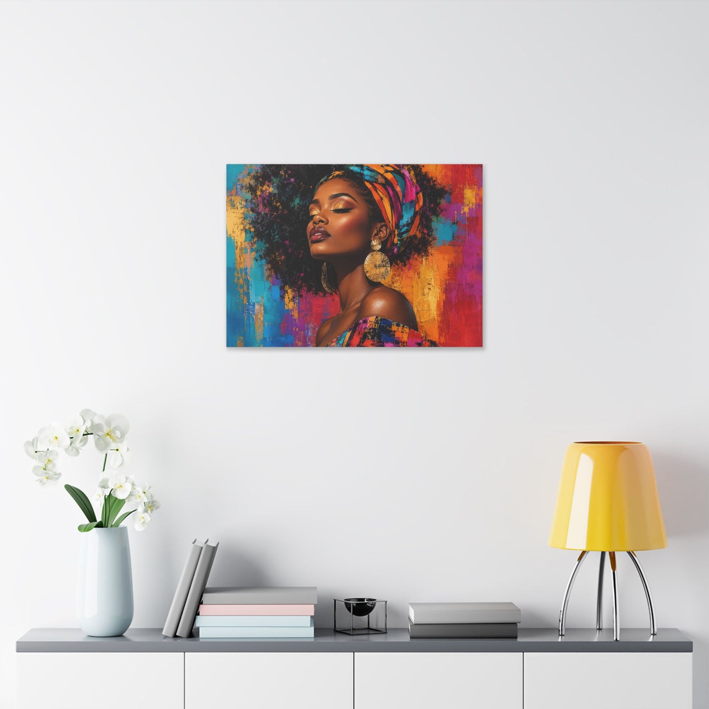 Afrocentric Woman Portrait Canvas — Colorful Headwrap Wall Art