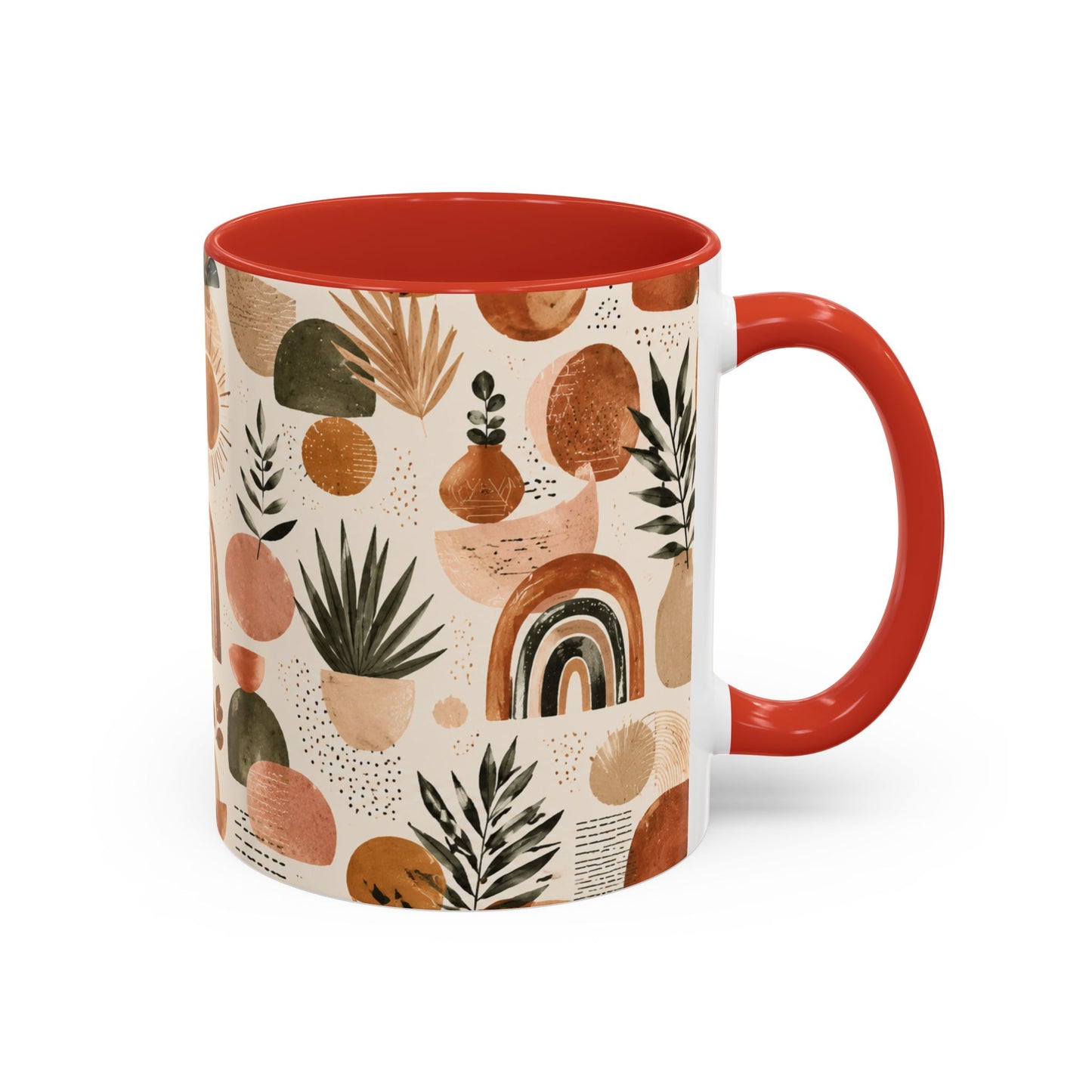 Boho Earth Tone Accent Coffee Mug — Abstract Rainbows & Plants (11/15oz)