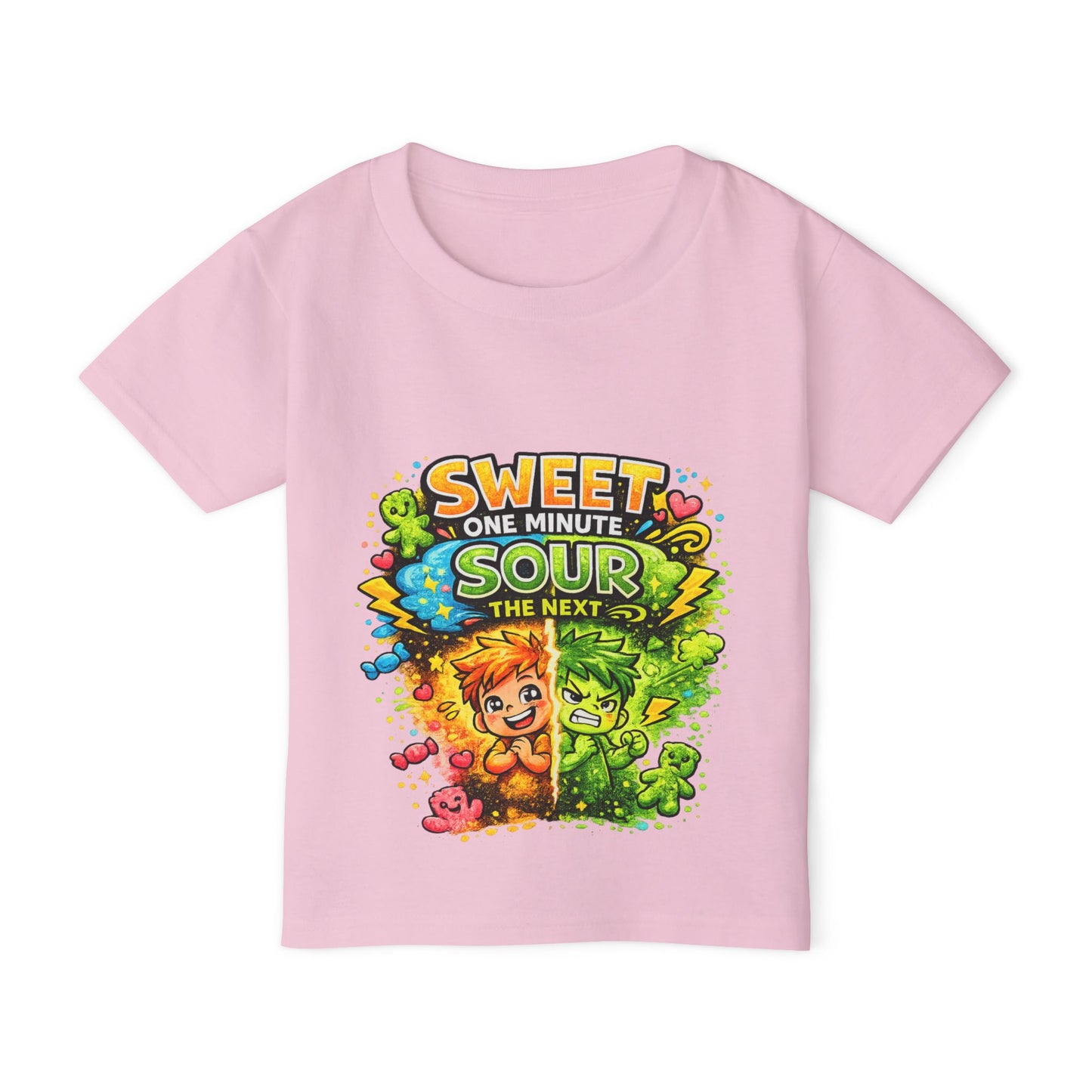 Toddler T-Shirt — "Sweet One Minute, Sour The Next" Colorful Cartoon Kids Tee