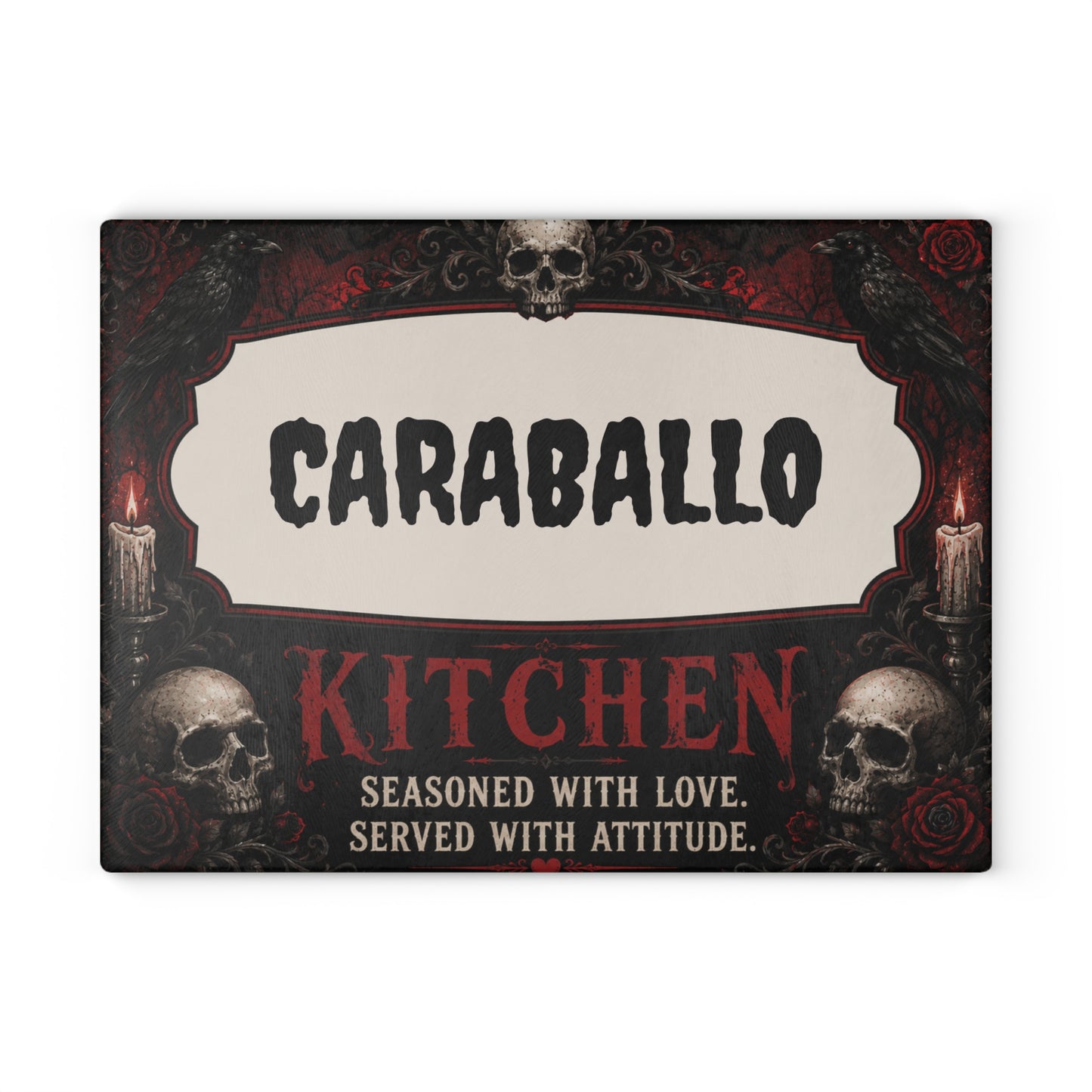 Personalized Gothic Glass Cutting Board – "CARABALLO Kitchen: Seasoned with Love, Served with Attitude"