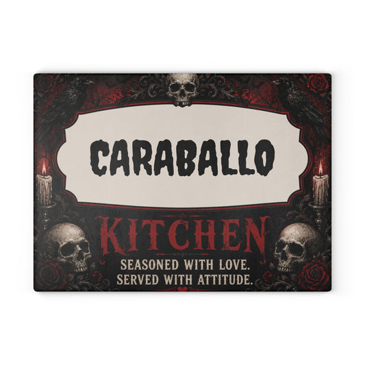 Personalized Gothic Glass Cutting Board – "CARABALLO Kitchen: Seasoned with Love, Served with Attitude"