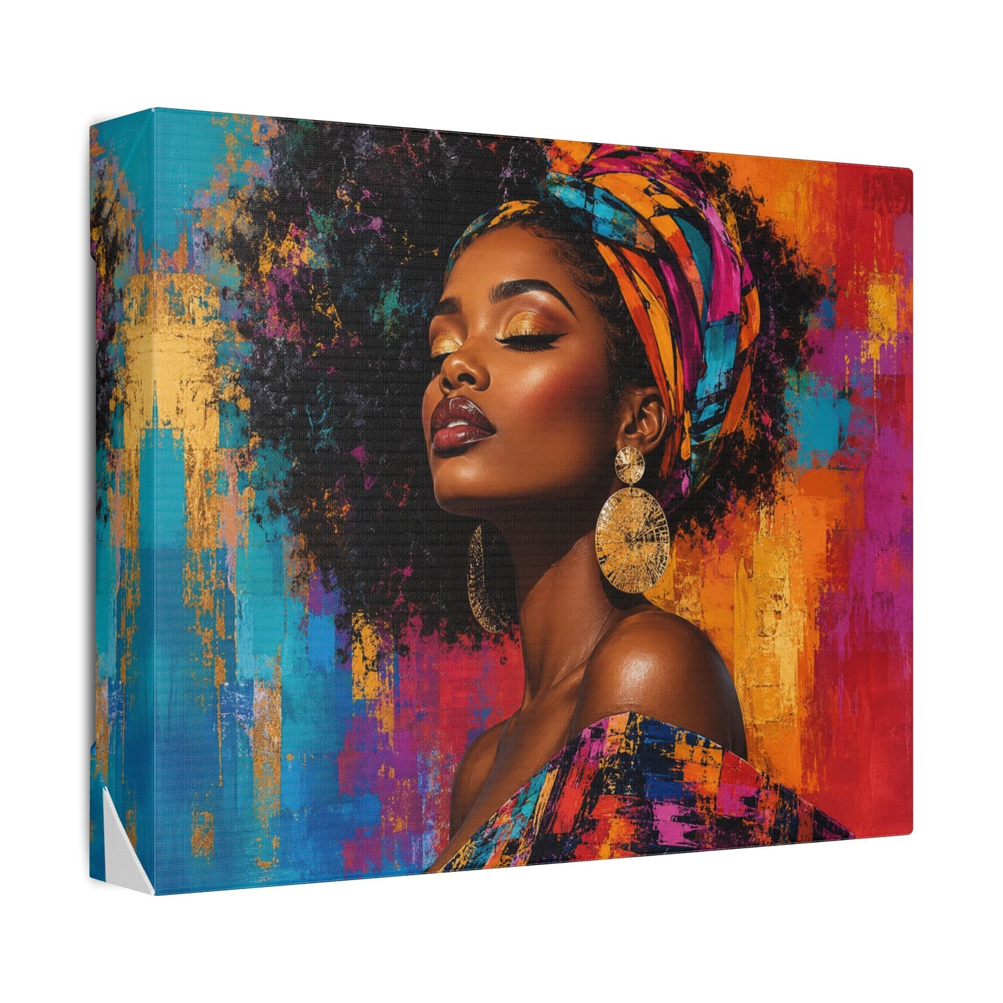 Afrocentric Woman Portrait Canvas — Colorful Headwrap Wall Art