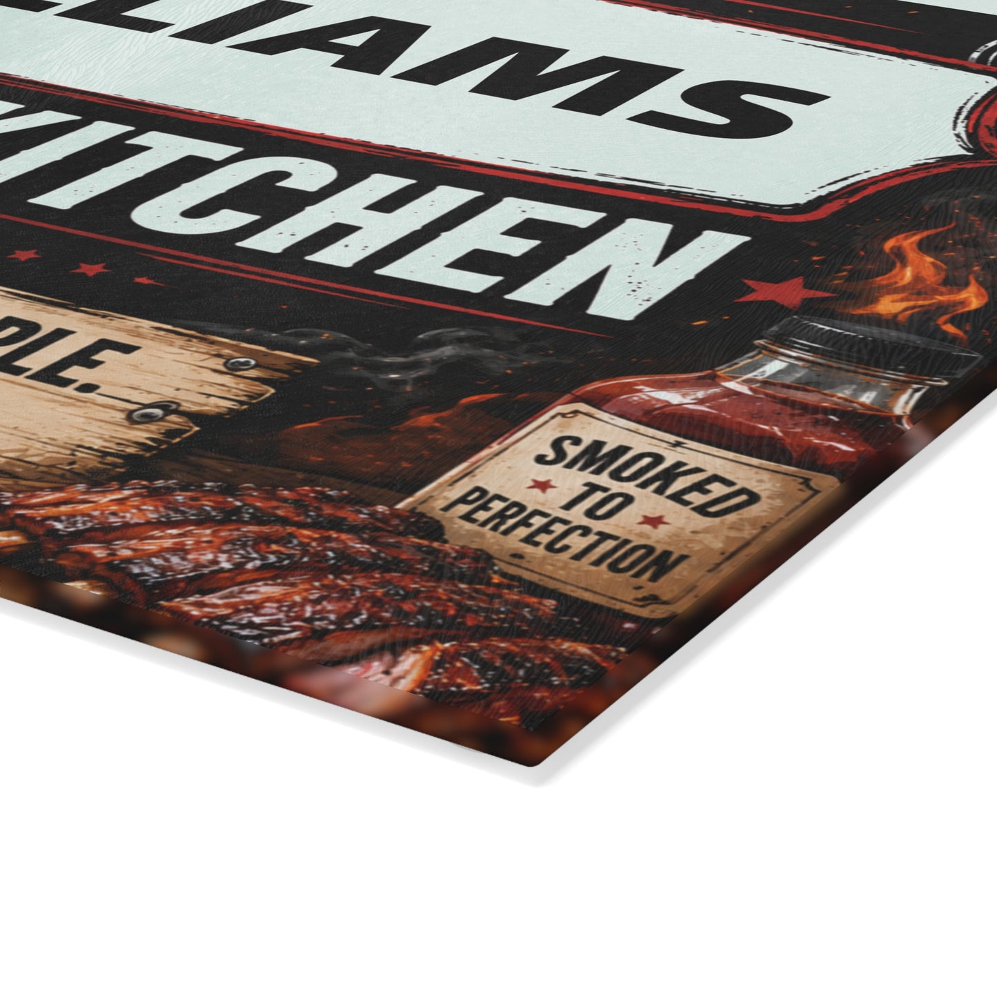 Personalized Family Kitchen Glass Cutting Board — 'The [Name] Family Kitchen' BBQ Sign Design
