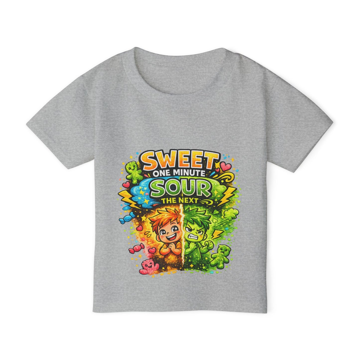Toddler T-Shirt — "Sweet One Minute, Sour The Next" Colorful Cartoon Kids Tee