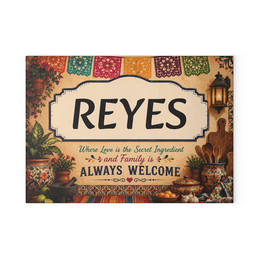 Personalized Glass Cutting Board — '[YOUR LAST NAME]' Welcome Kitchen Plaque with 'Where Love is the Secret Ingredient' Design