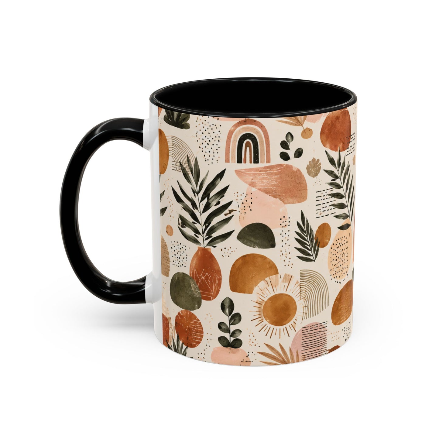 Boho Earth Tone Accent Coffee Mug — Abstract Rainbows & Plants (11/15oz)