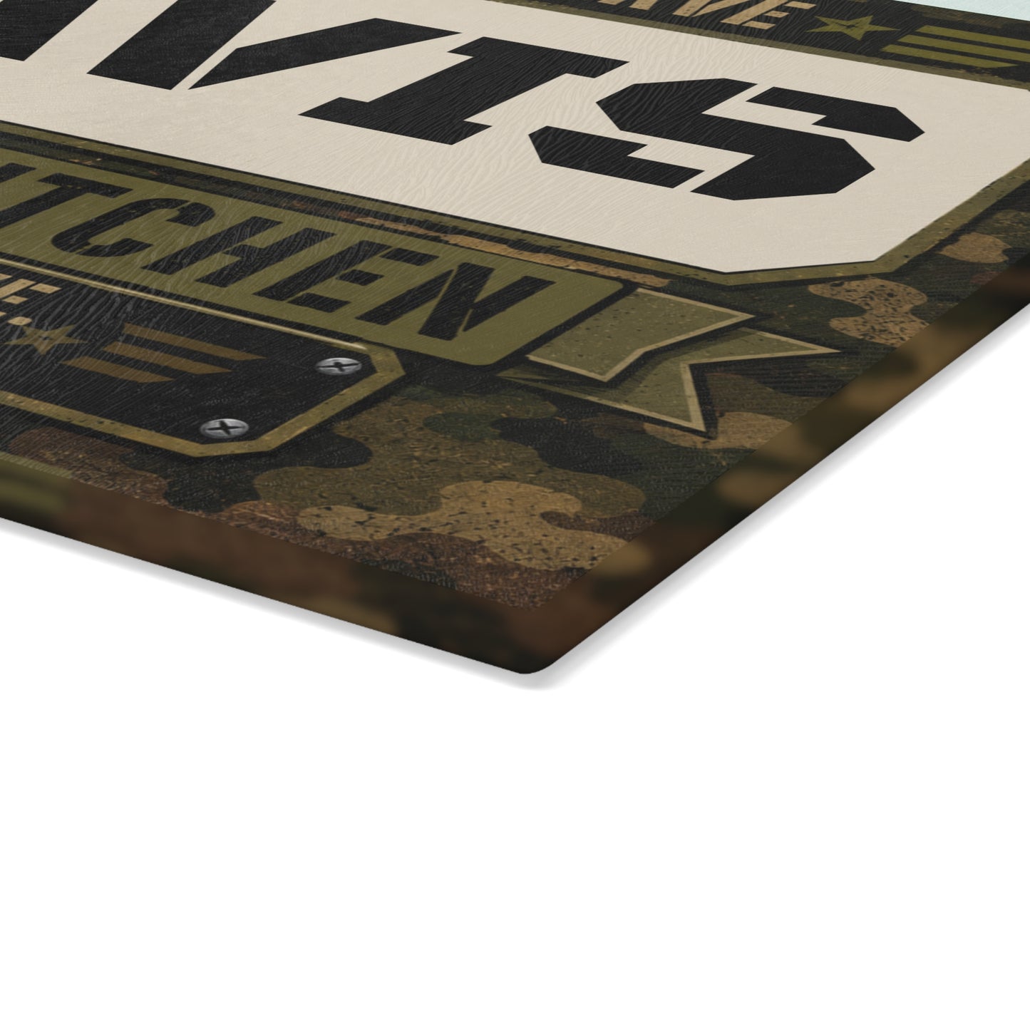 Personalized Military Camo Glass Cutting Board — “[YOUR LAST NAME] Family Kitchen: Proud to Serve”