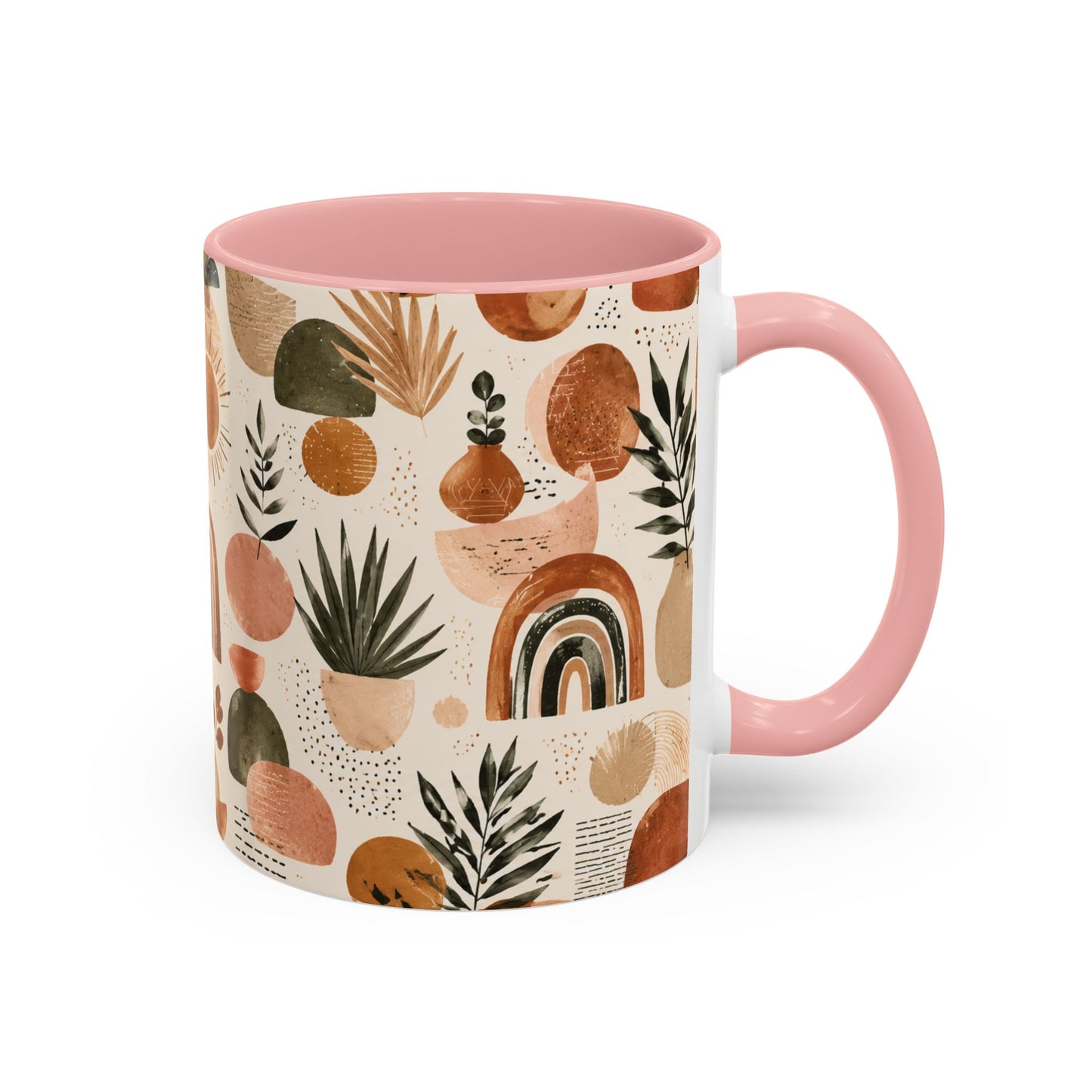 Boho Earth Tone Accent Coffee Mug — Abstract Rainbows & Plants (11/15oz)