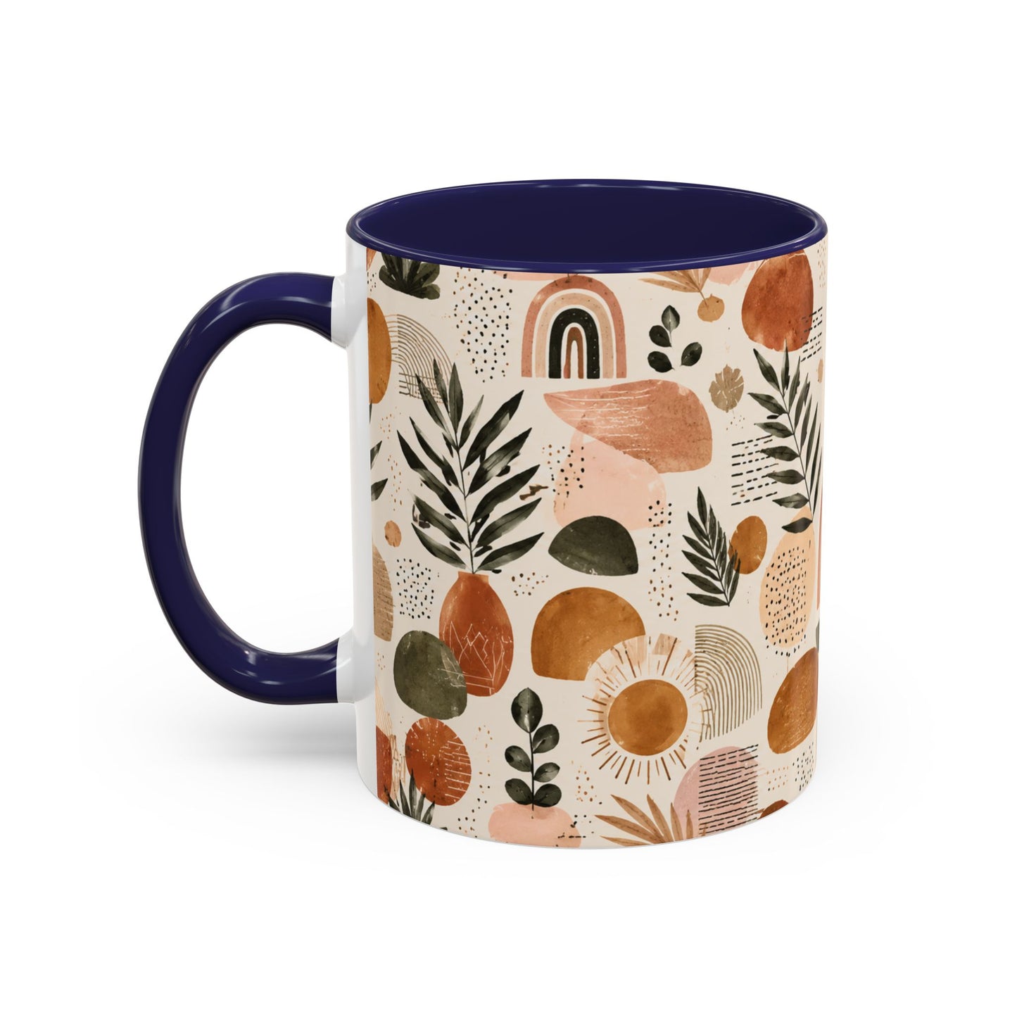 Boho Earth Tone Accent Coffee Mug — Abstract Rainbows & Plants (11/15oz)