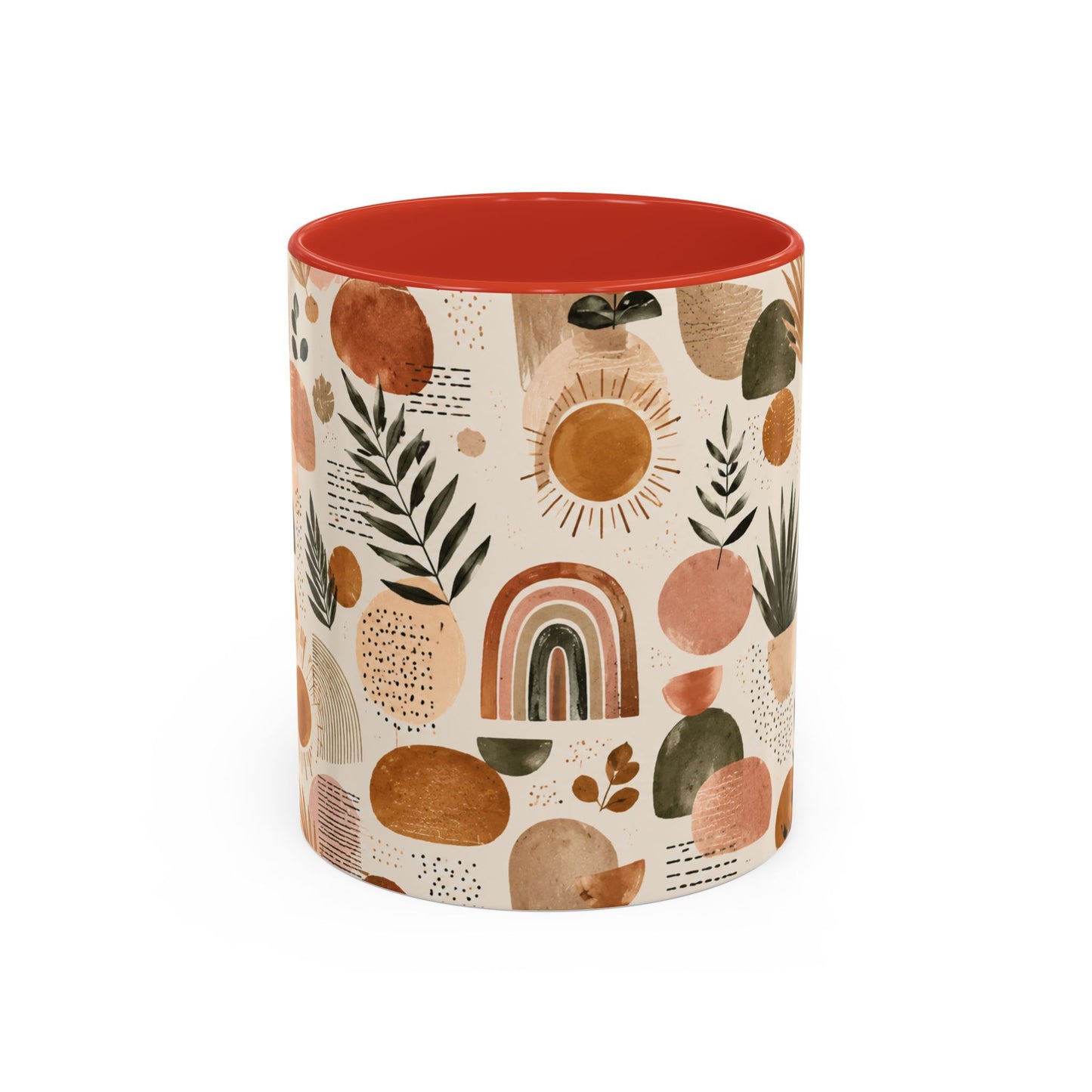 Boho Earth Tone Accent Coffee Mug — Abstract Rainbows & Plants (11/15oz)