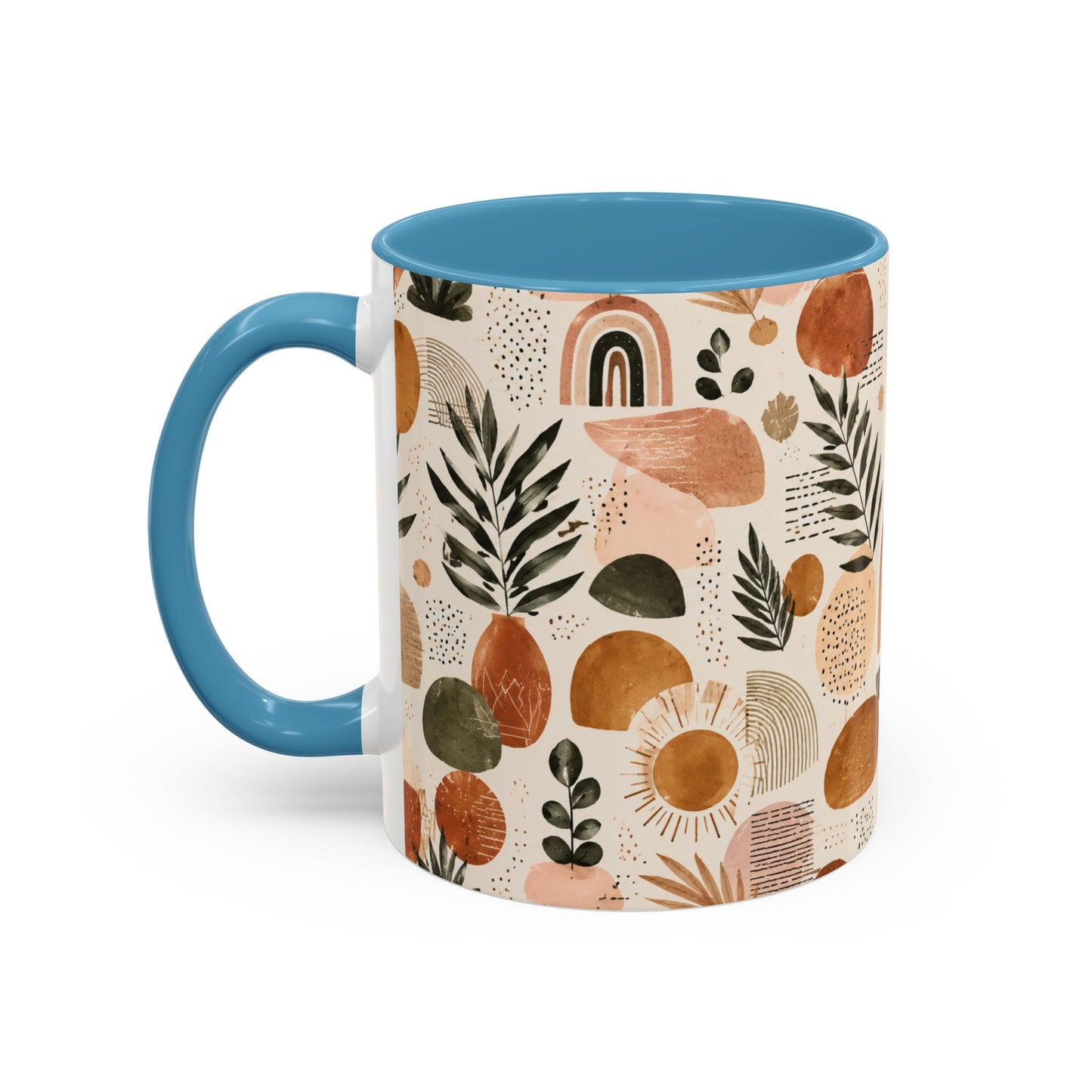 Boho Earth Tone Accent Coffee Mug — Abstract Rainbows & Plants (11/15oz)