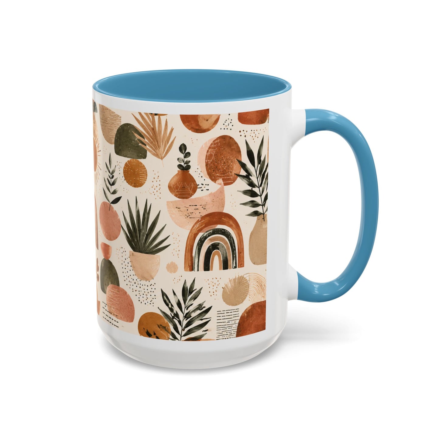 Boho Earth Tone Accent Coffee Mug — Abstract Rainbows & Plants (11/15oz)