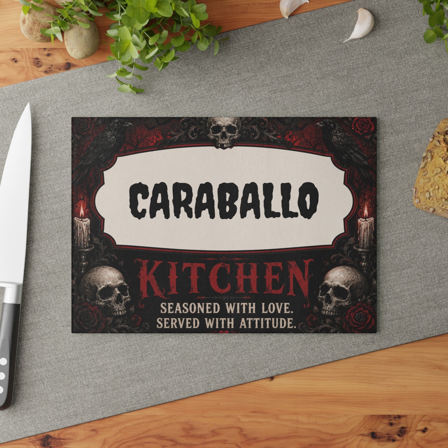 Personalized Gothic Glass Cutting Board – "CARABALLO Kitchen: Seasoned with Love, Served with Attitude"