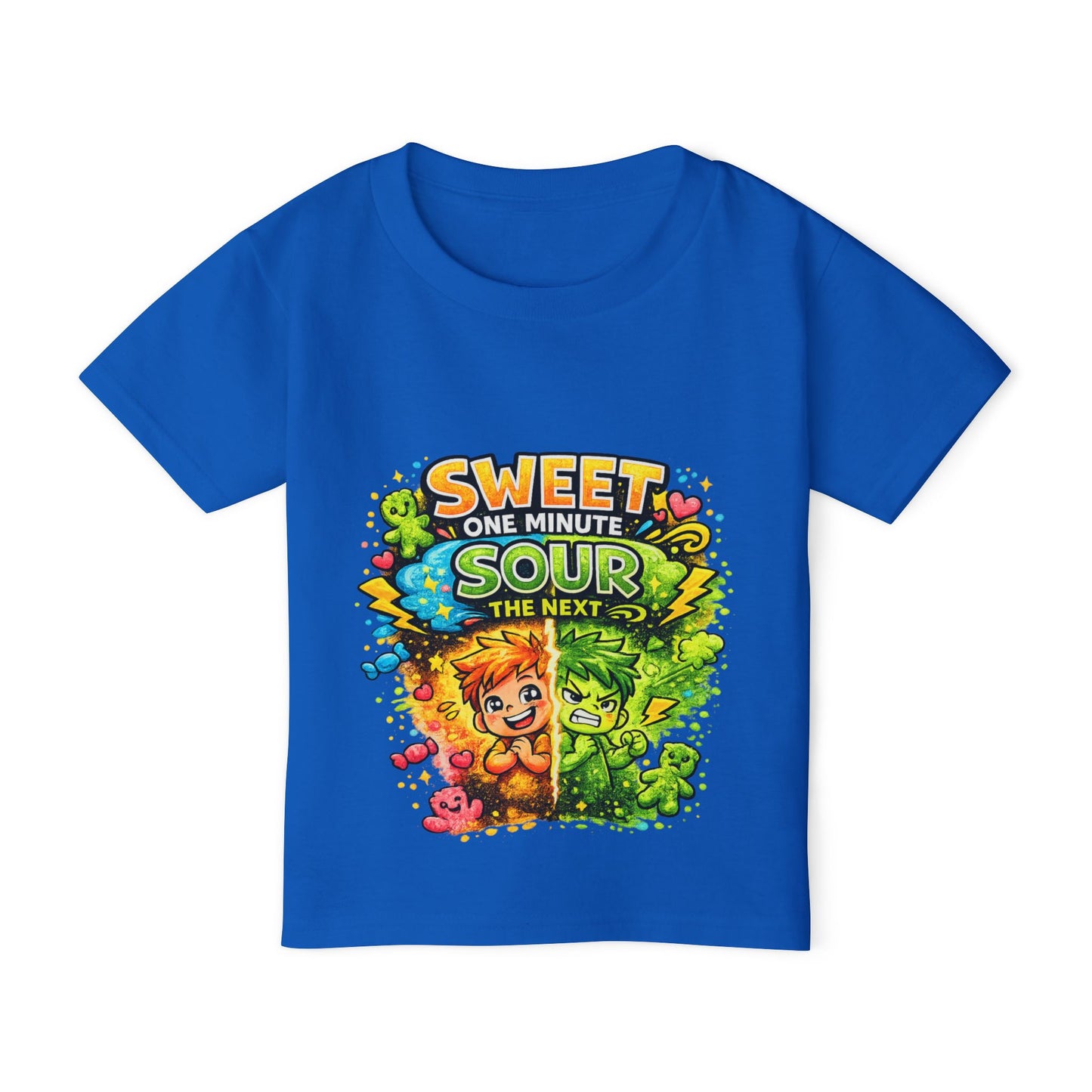 Toddler T-Shirt — "Sweet One Minute, Sour The Next" Colorful Cartoon Kids Tee