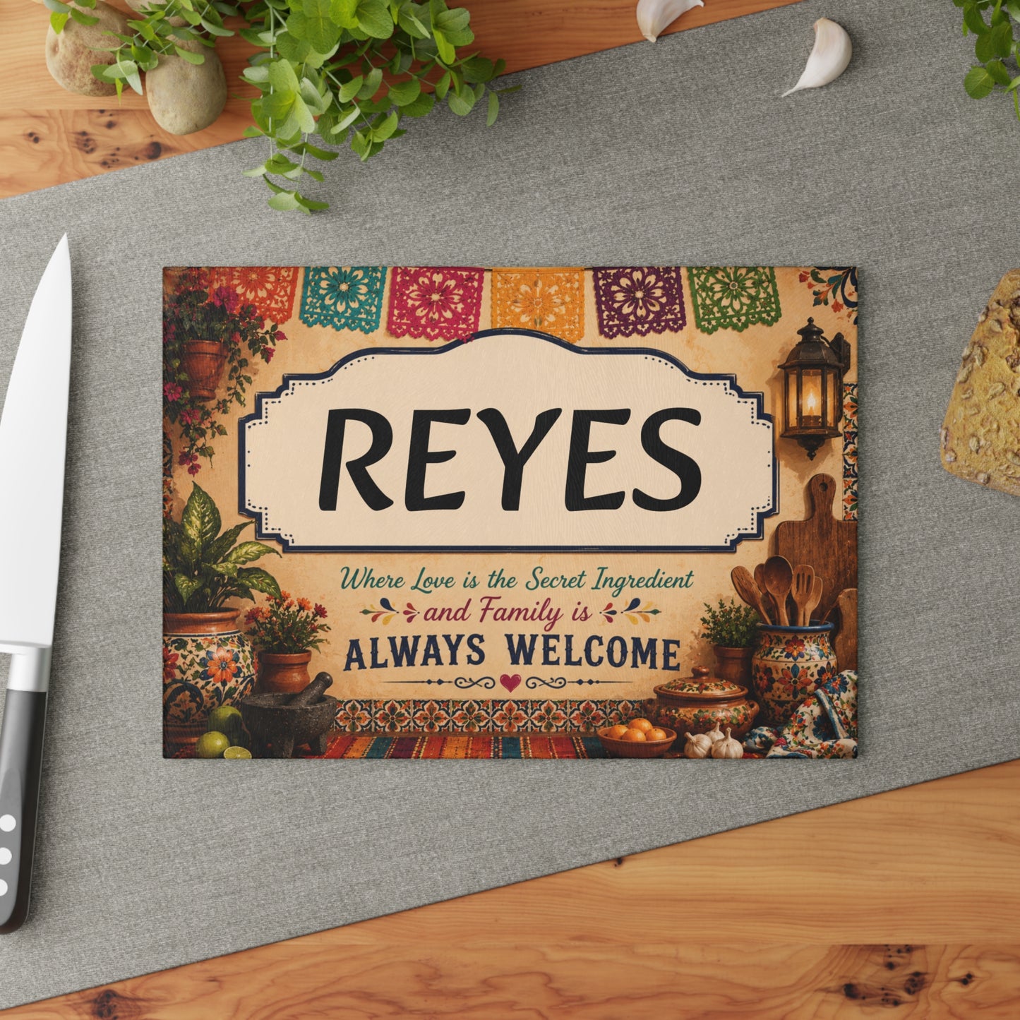 Personalized Glass Cutting Board — '[YOUR LAST NAME]' Welcome Kitchen Plaque with 'Where Love is the Secret Ingredient' Design