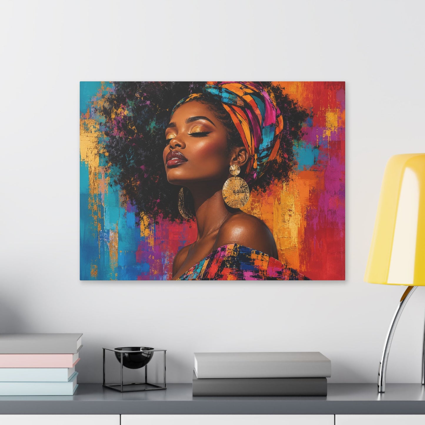 Afrocentric Woman Portrait Canvas — Colorful Headwrap Wall Art