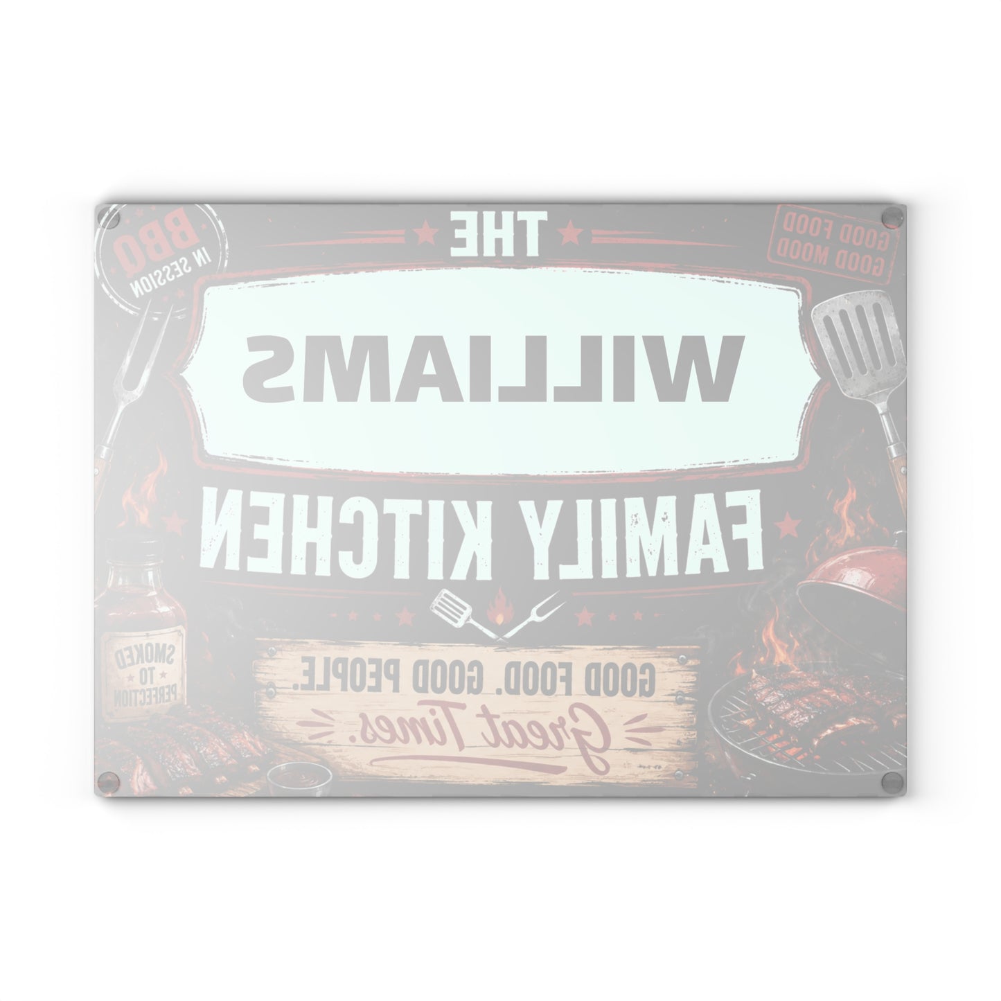 Personalized Family Kitchen Glass Cutting Board — 'The [Name] Family Kitchen' BBQ Sign Design