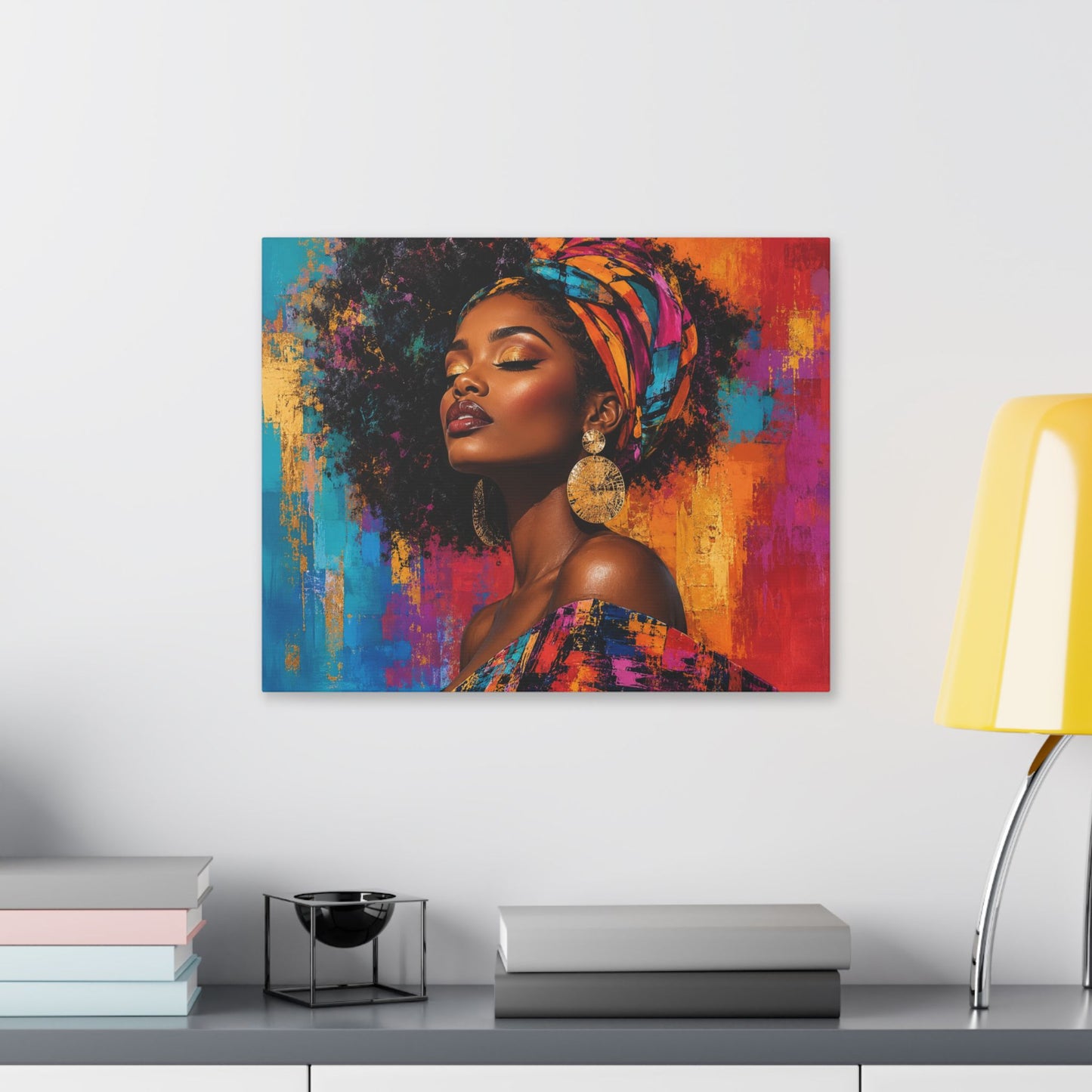 Afrocentric Woman Portrait Canvas — Colorful Headwrap Wall Art