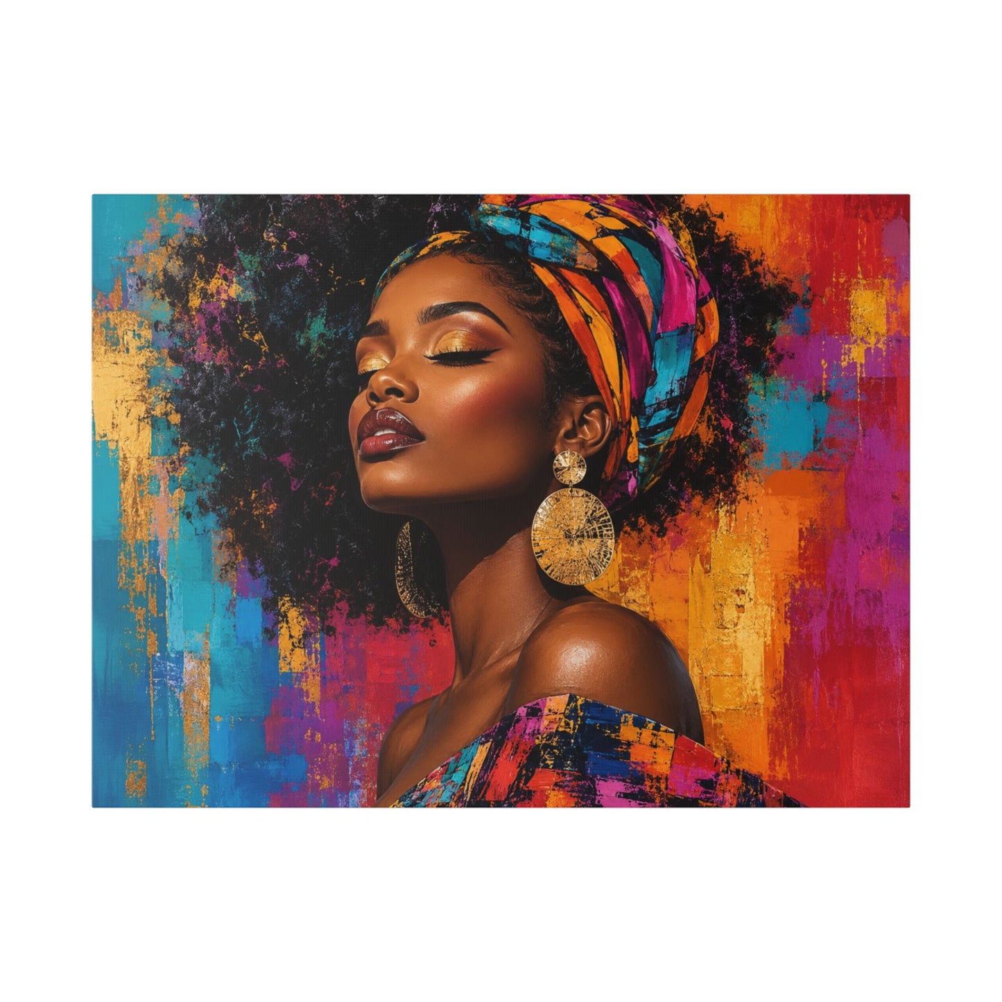 Afrocentric Woman Portrait Canvas — Colorful Headwrap Wall Art