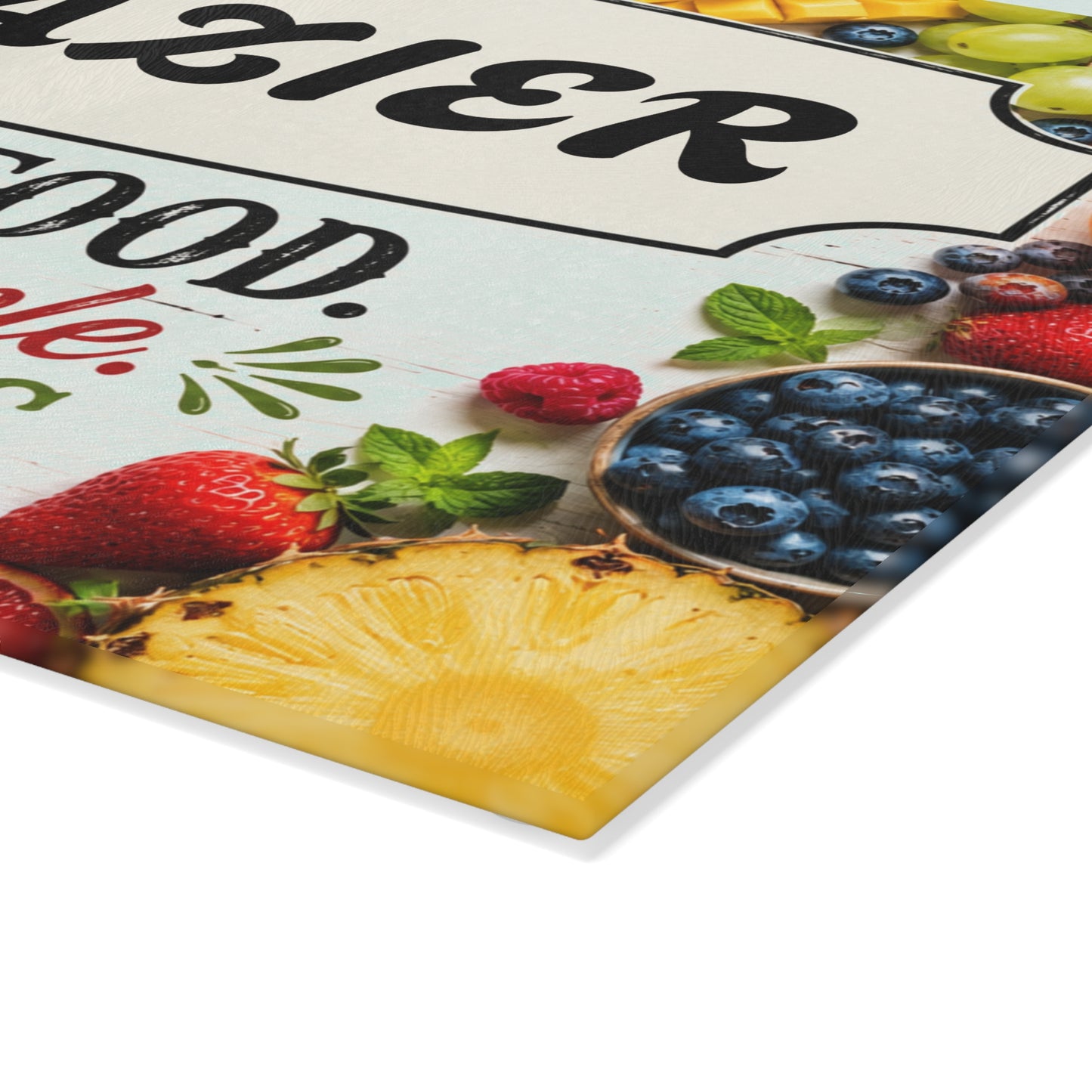 Glass Cutting Board — Personalized "[YOUR LAST NAME]" Kitchen Sign: Good Food. Good People. Good Times. (Colorful Fruit Design)