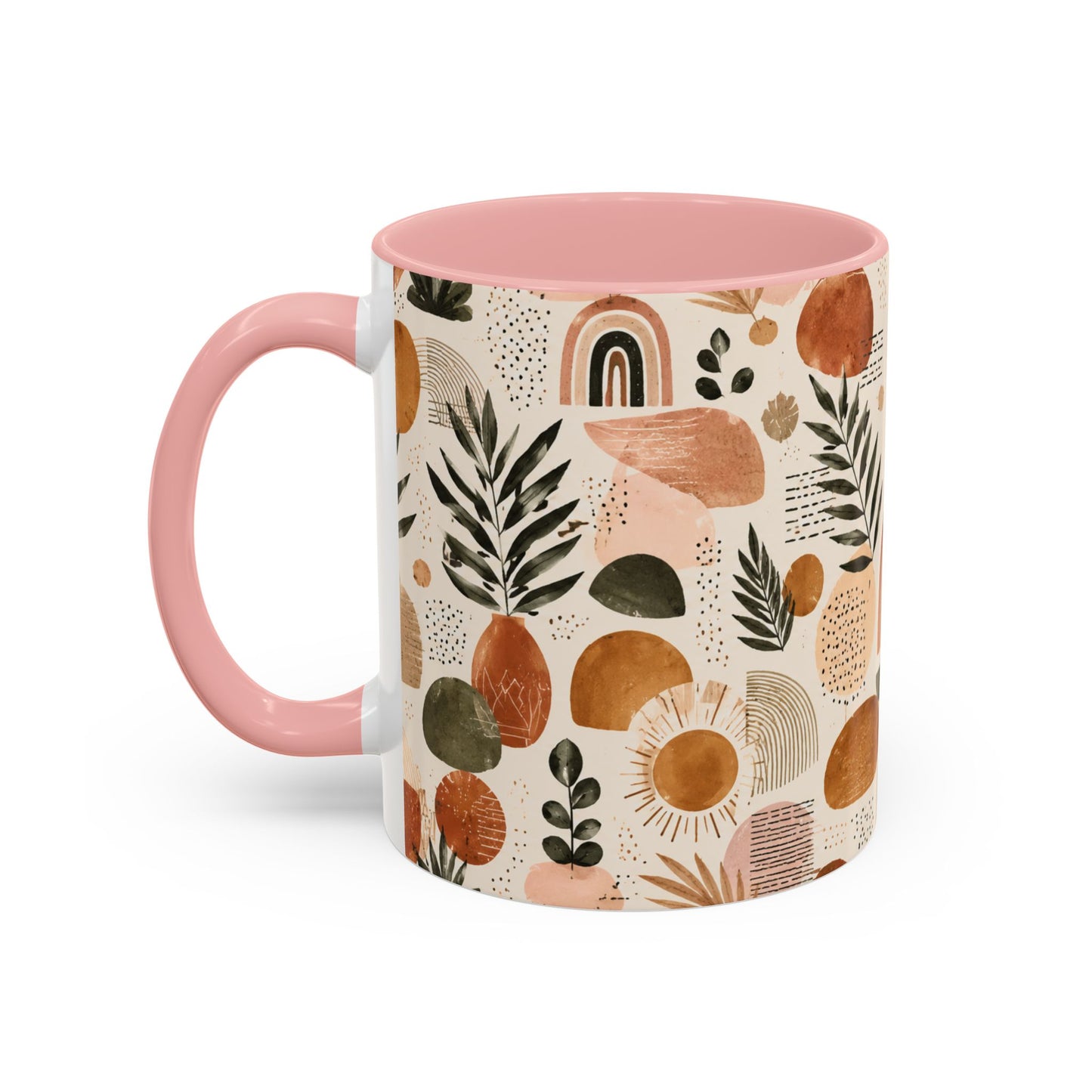 Boho Earth Tone Accent Coffee Mug — Abstract Rainbows & Plants (11/15oz)