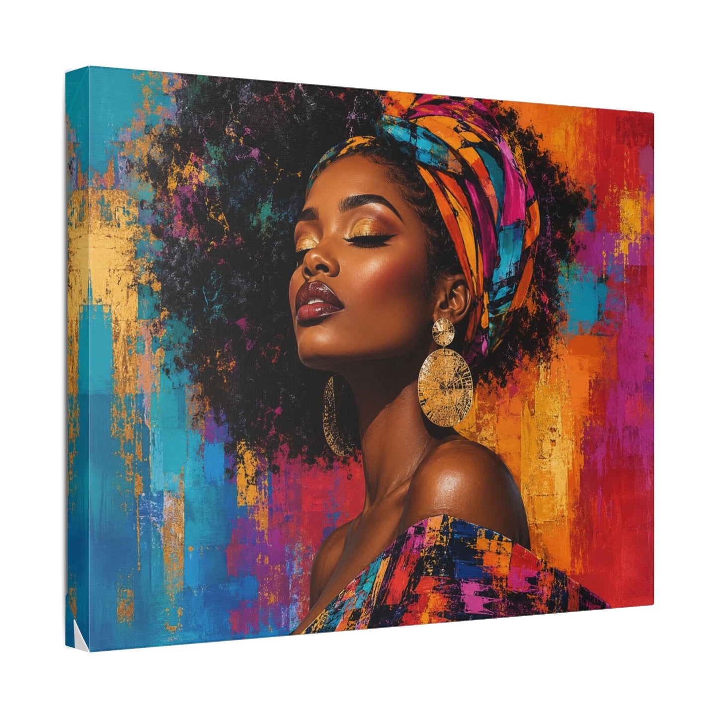 Afrocentric Woman Portrait Canvas — Colorful Headwrap Wall Art