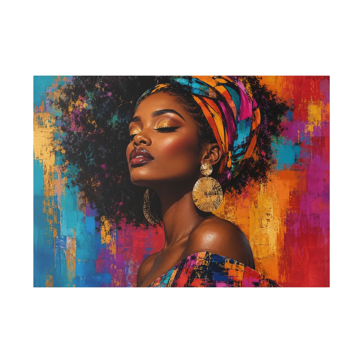 Afrocentric Woman Portrait Canvas — Colorful Headwrap Wall Art