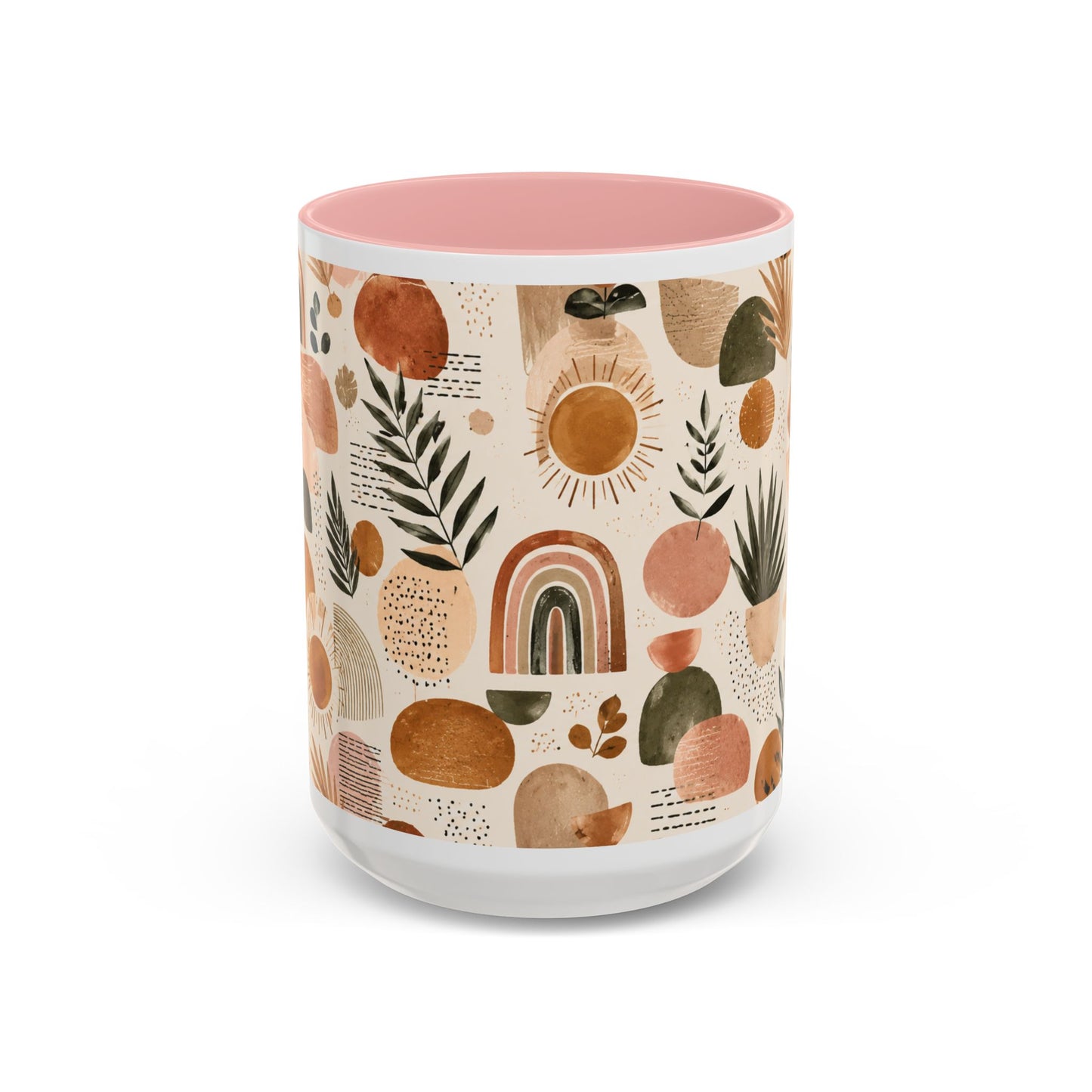 Boho Earth Tone Accent Coffee Mug — Abstract Rainbows & Plants (11/15oz)