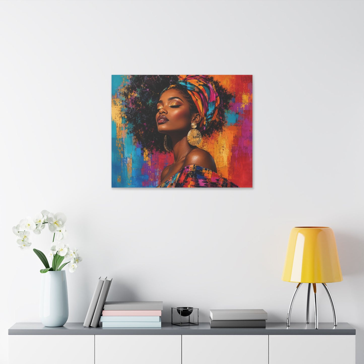 Afrocentric Woman Portrait Canvas — Colorful Headwrap Wall Art
