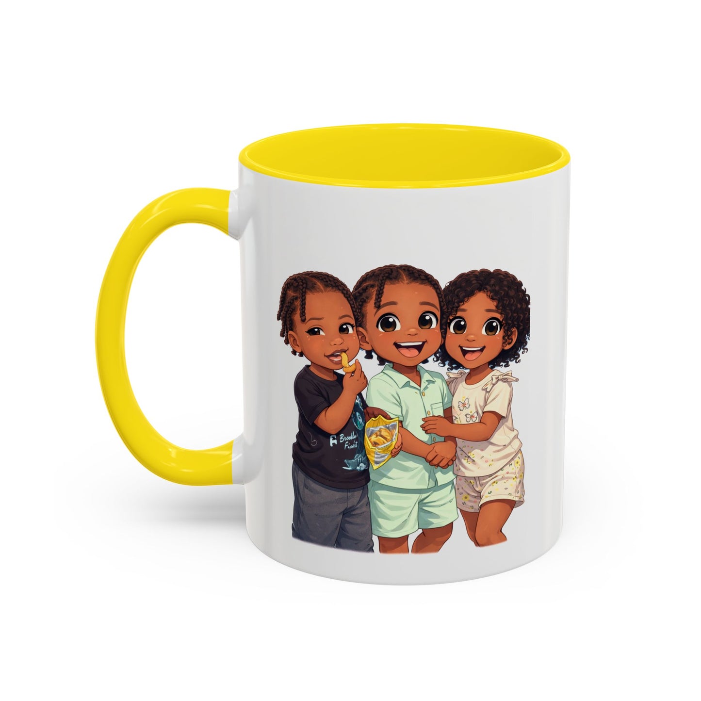 Cute Kids Trio Accent Coffee Mug — Adorable Cartoon Siblings Design (11/15oz)