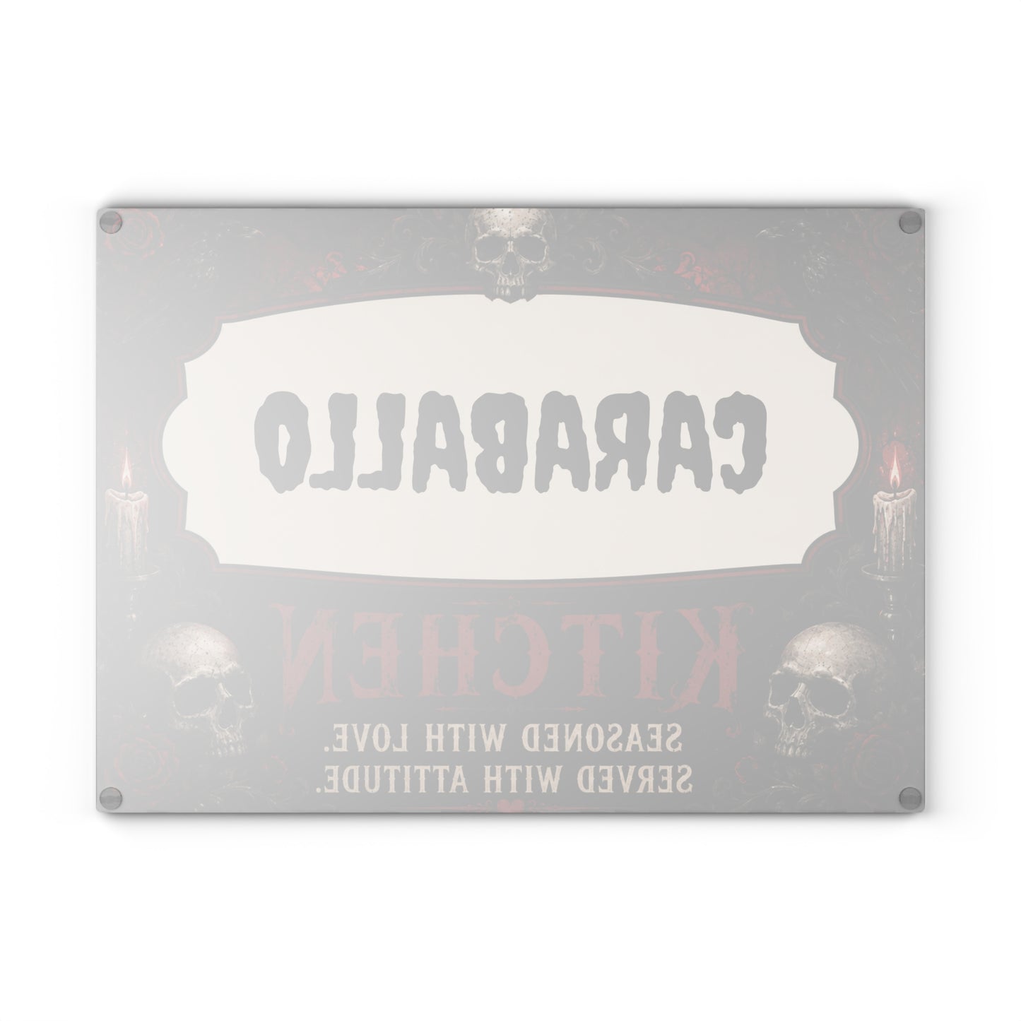 Personalized Gothic Glass Cutting Board – "CARABALLO Kitchen: Seasoned with Love, Served with Attitude"