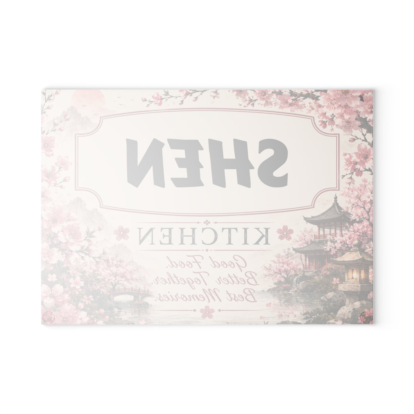 Personalized Glass Cutting Board - Cherry Blossom '[YOUR LAST NAME] Kitchen' Decorative Countertop Sign