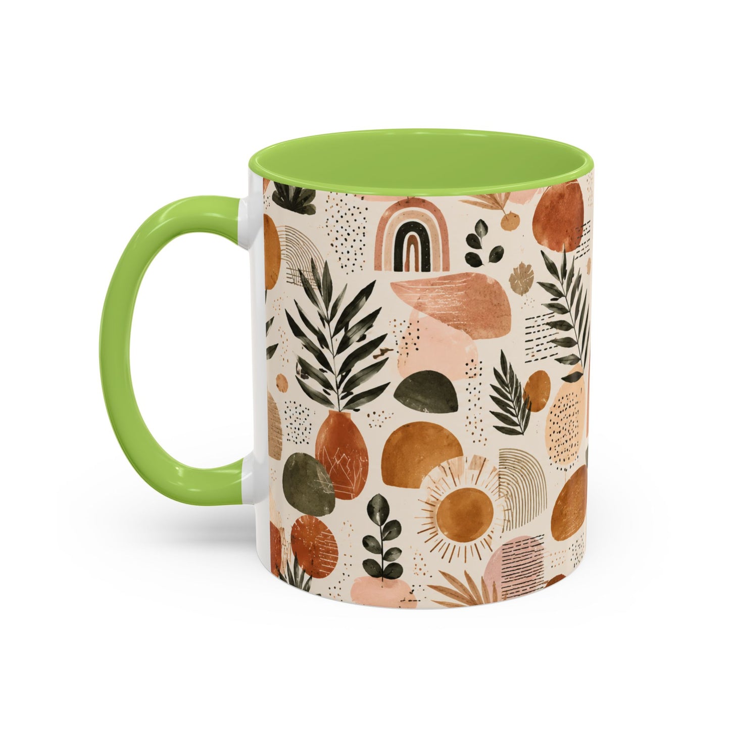 Boho Earth Tone Accent Coffee Mug — Abstract Rainbows & Plants (11/15oz)