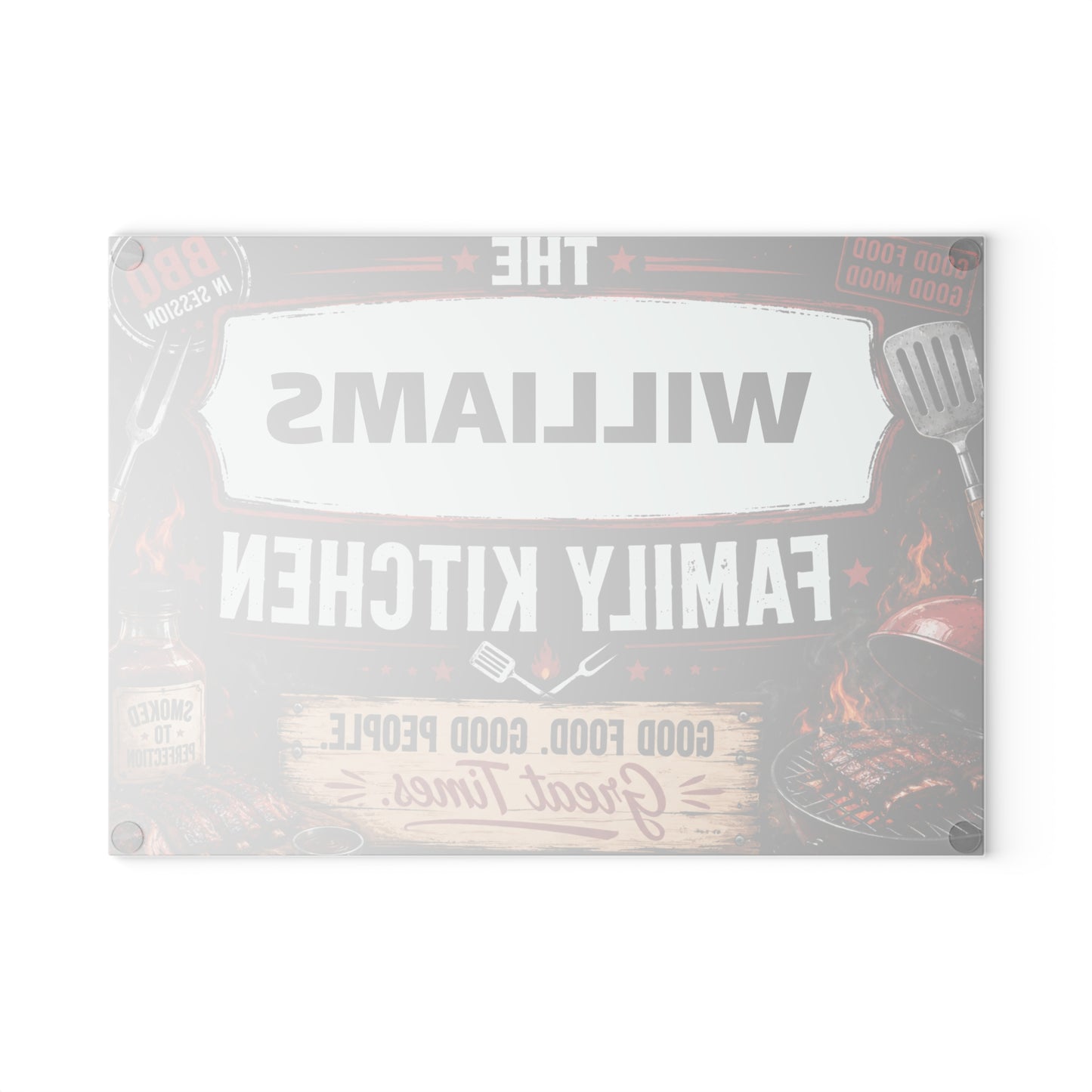 Personalized Family Kitchen Glass Cutting Board — 'The [Name] Family Kitchen' BBQ Sign Design