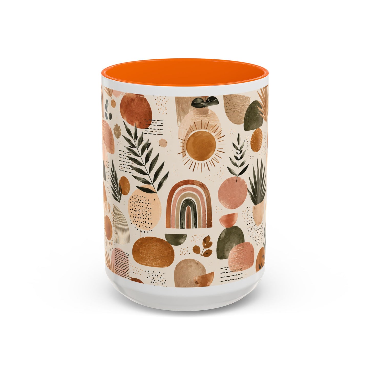 Boho Earth Tone Accent Coffee Mug — Abstract Rainbows & Plants (11/15oz)