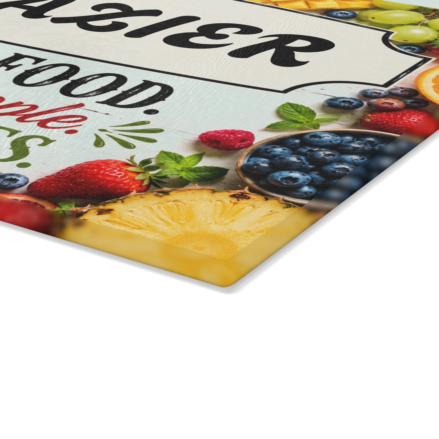 Glass Cutting Board — Personalized "[YOUR LAST NAME]" Kitchen Sign: Good Food. Good People. Good Times. (Colorful Fruit Design)