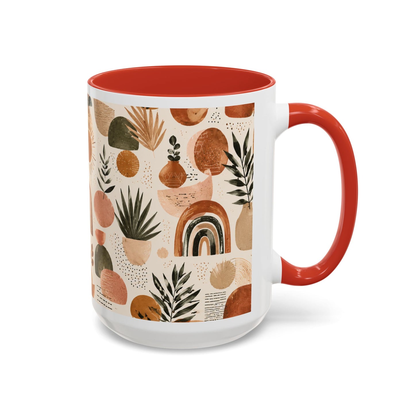 Boho Earth Tone Accent Coffee Mug — Abstract Rainbows & Plants (11/15oz)