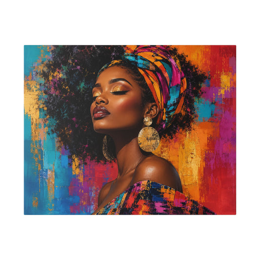 Afrocentric Woman Portrait Canvas — Colorful Headwrap Wall Art