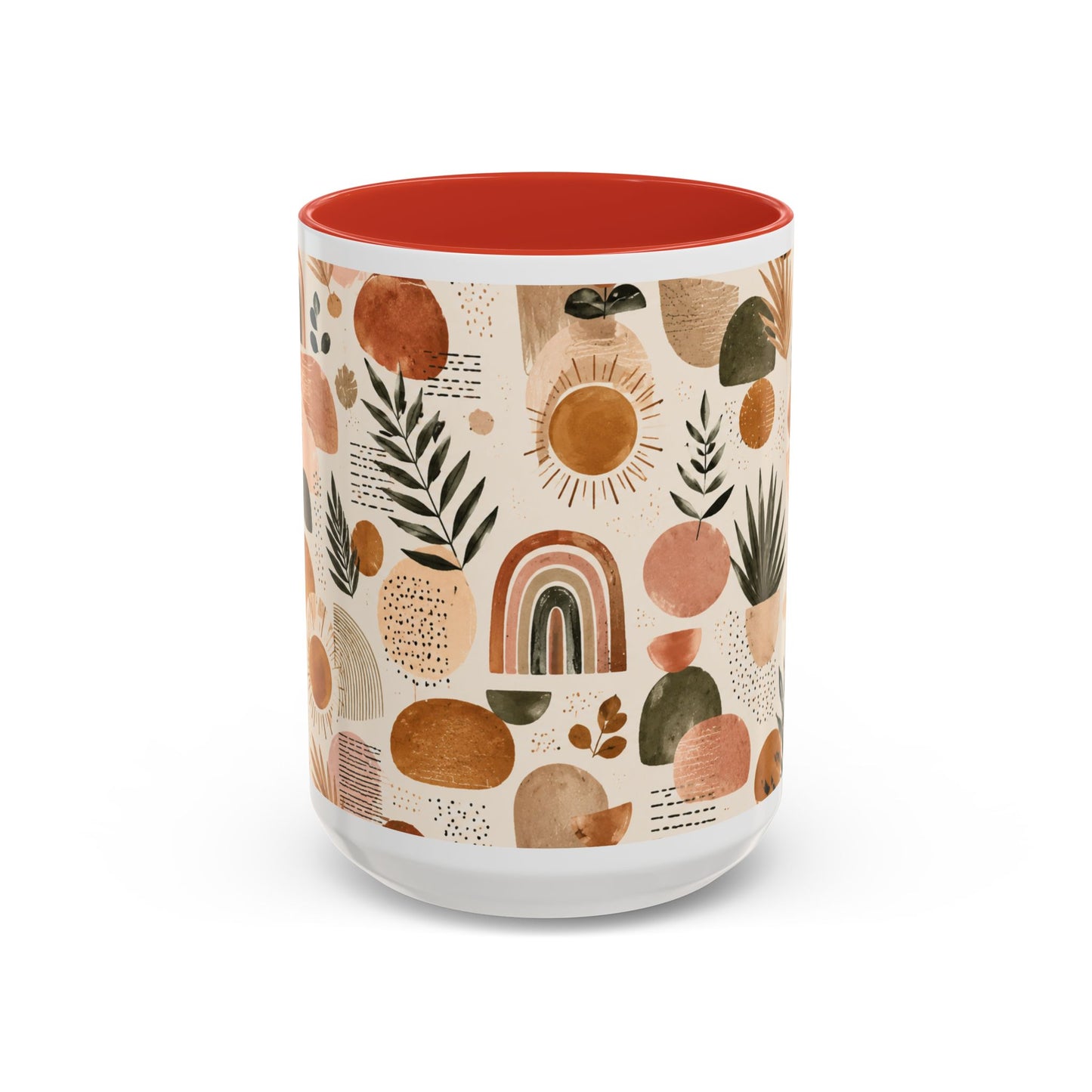 Boho Earth Tone Accent Coffee Mug — Abstract Rainbows & Plants (11/15oz)