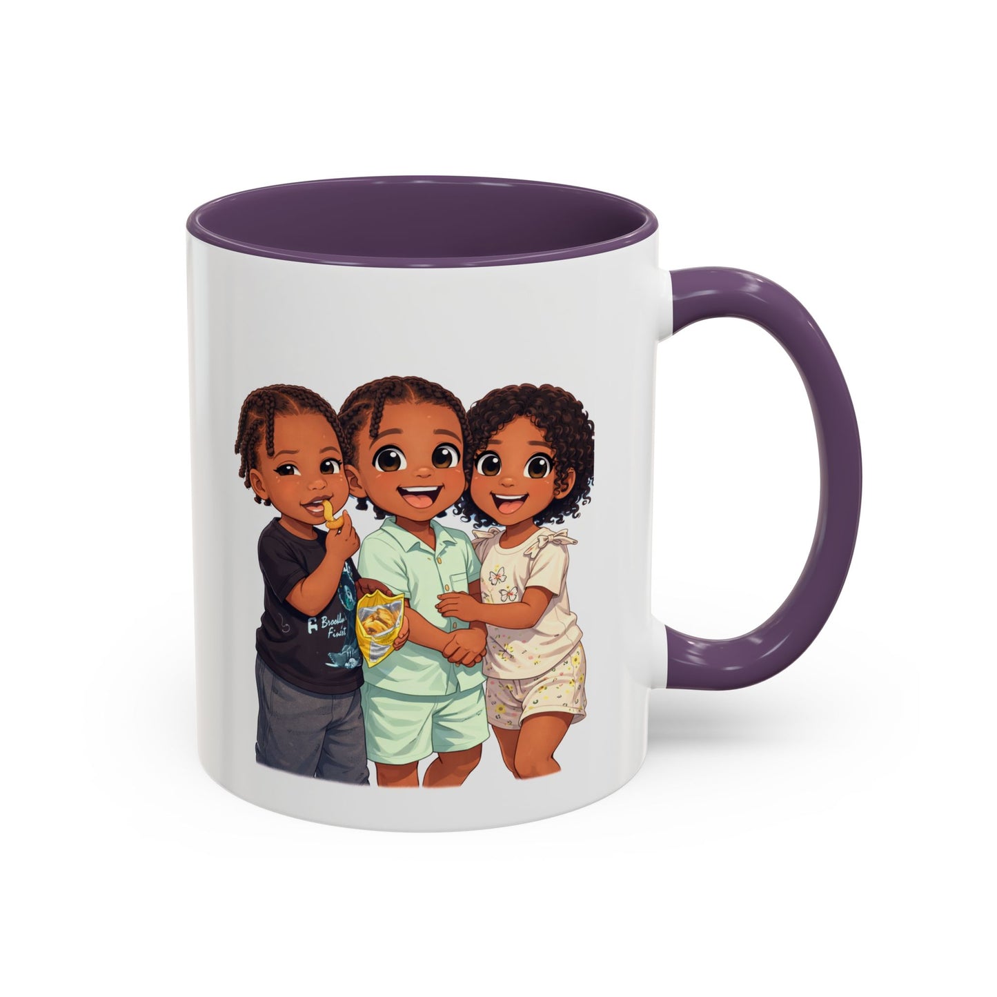 Cute Kids Trio Accent Coffee Mug — Adorable Cartoon Siblings Design (11/15oz)