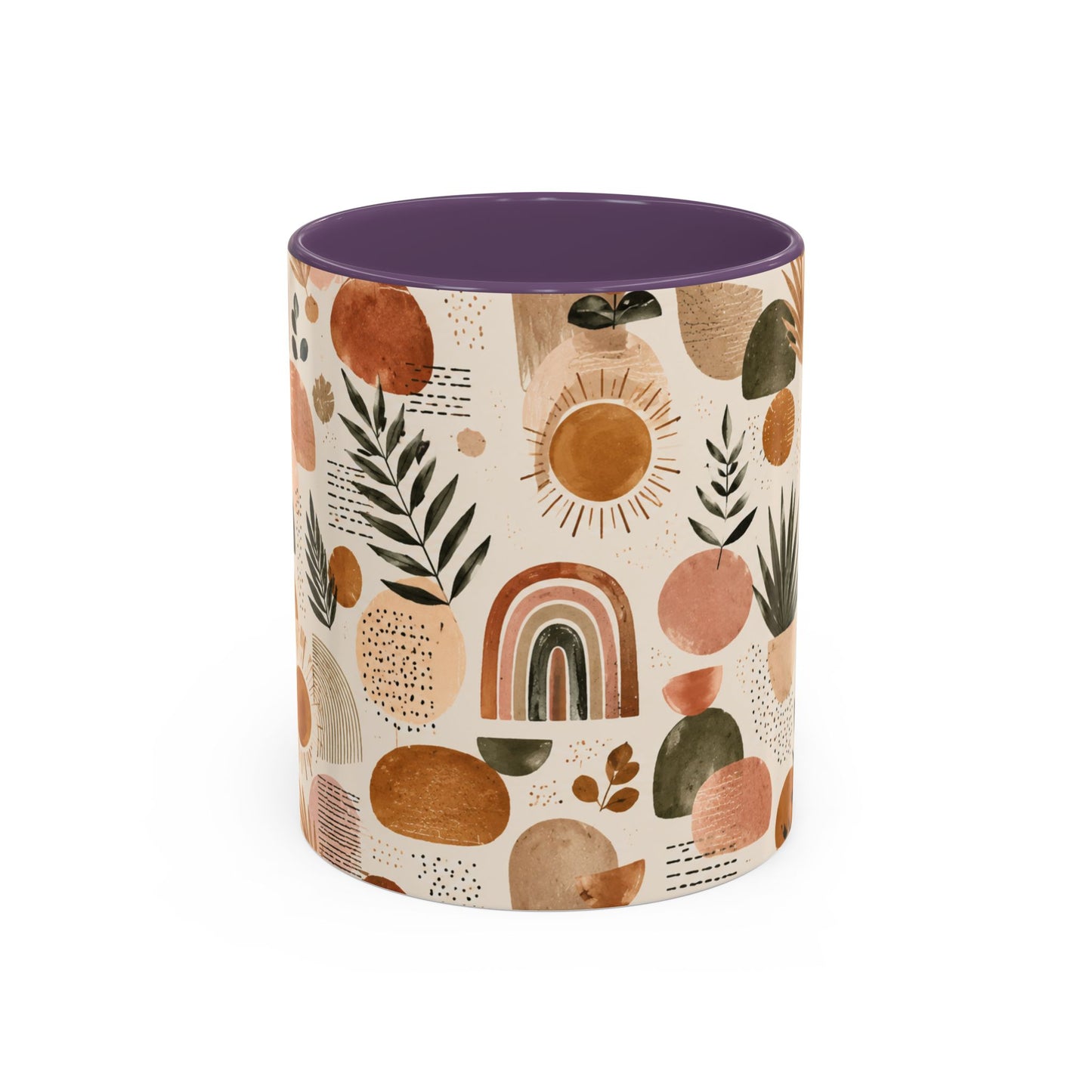 Boho Earth Tone Accent Coffee Mug — Abstract Rainbows & Plants (11/15oz)
