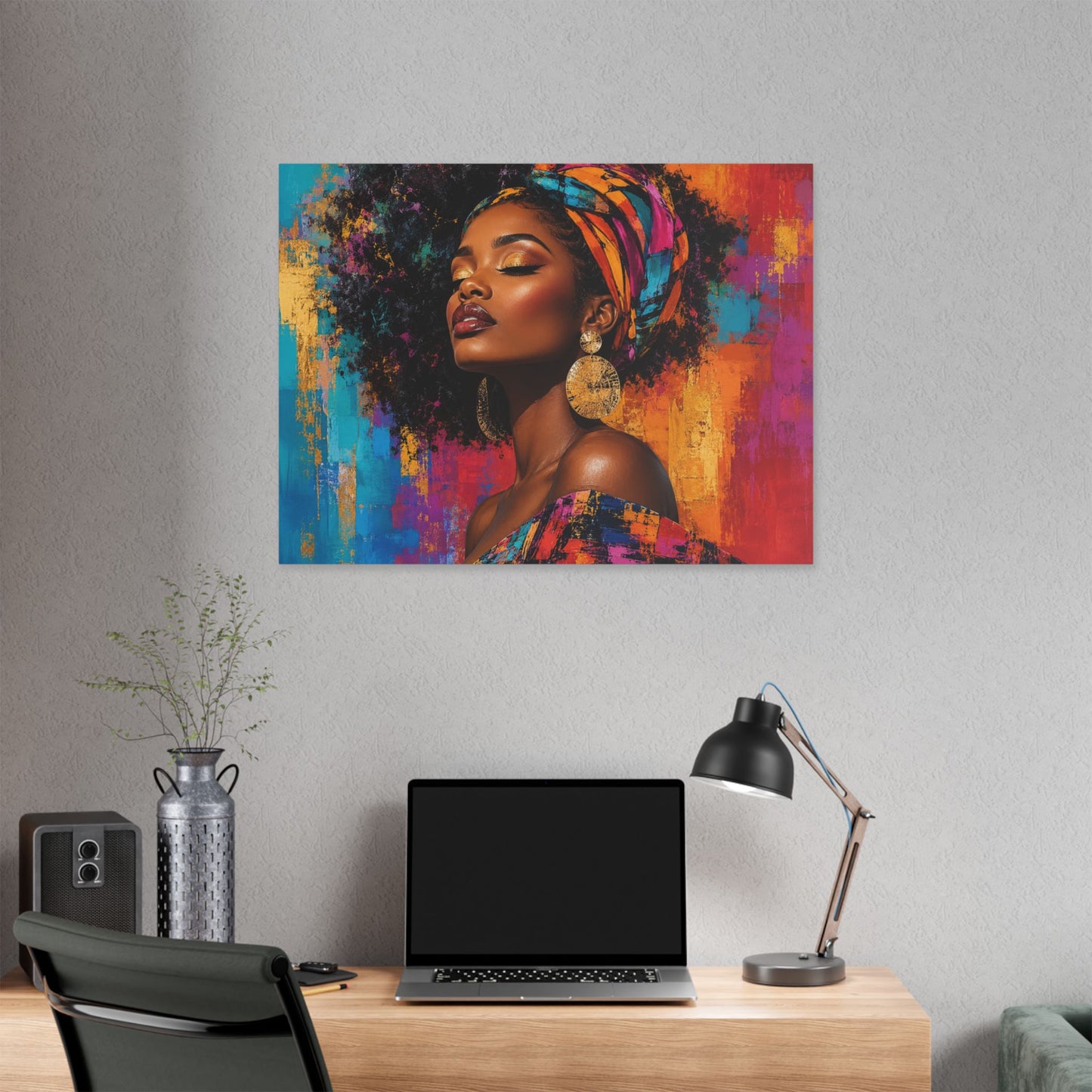 Afrocentric Woman Portrait Canvas — Colorful Headwrap Wall Art