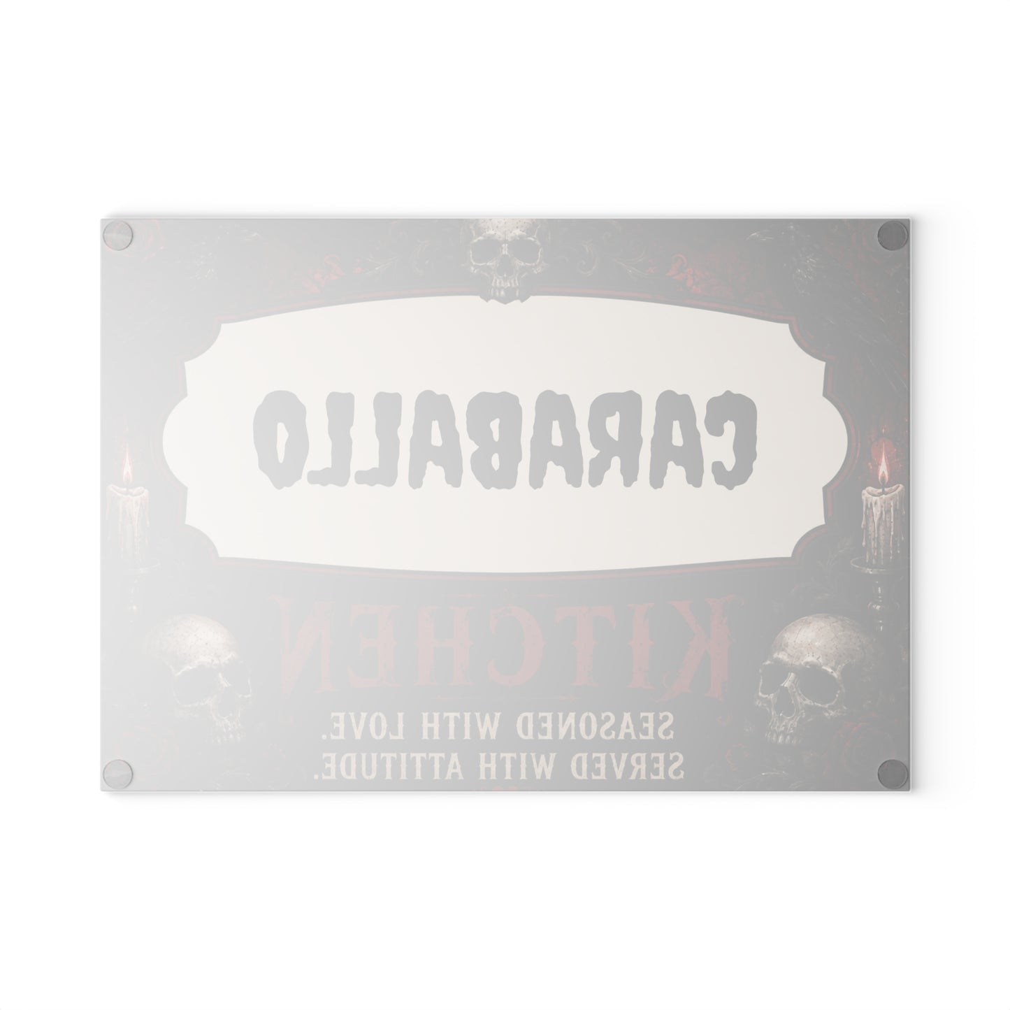 Personalized Gothic Glass Cutting Board – "CARABALLO Kitchen: Seasoned with Love, Served with Attitude"