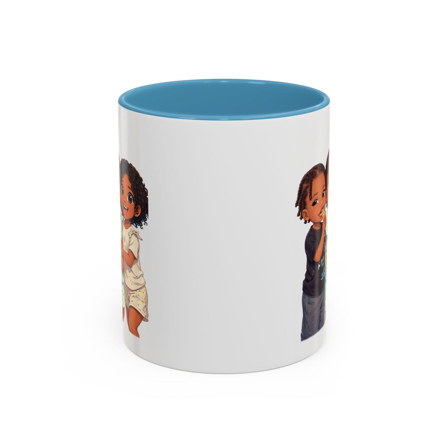 Cute Kids Trio Accent Coffee Mug — Adorable Cartoon Siblings Design (11/15oz)