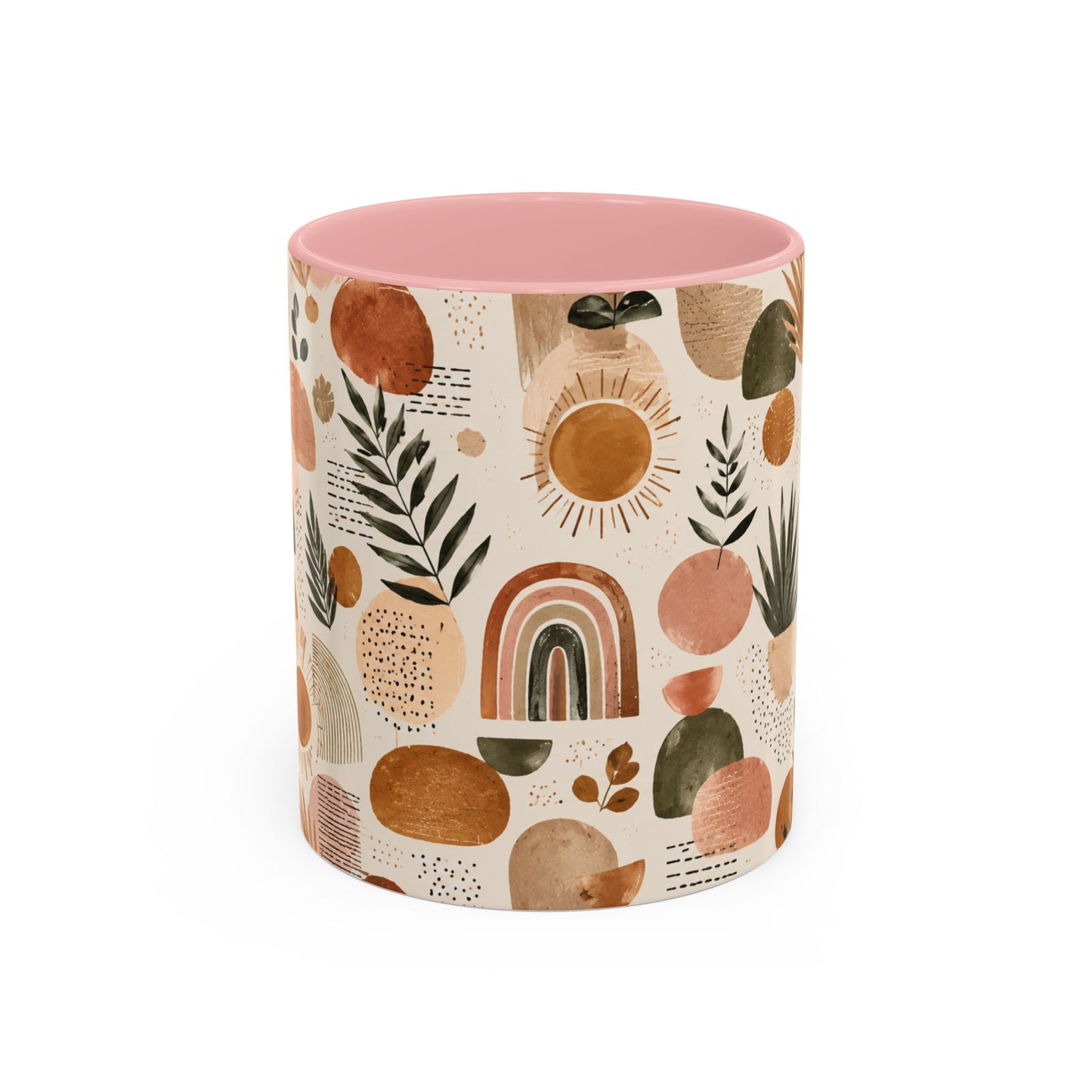 Boho Earth Tone Accent Coffee Mug — Abstract Rainbows & Plants (11/15oz)