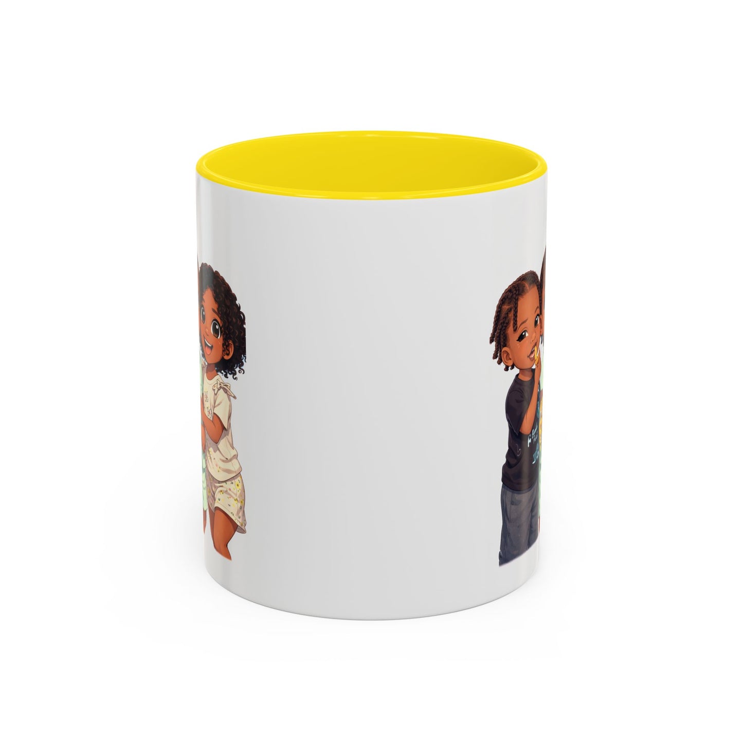 Cute Kids Trio Accent Coffee Mug — Adorable Cartoon Siblings Design (11/15oz)