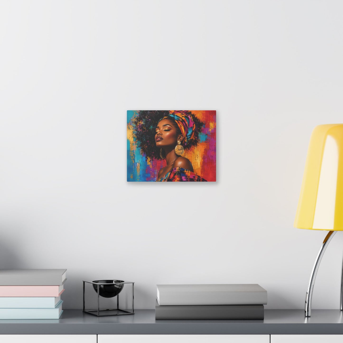 Afrocentric Woman Portrait Canvas — Colorful Headwrap Wall Art