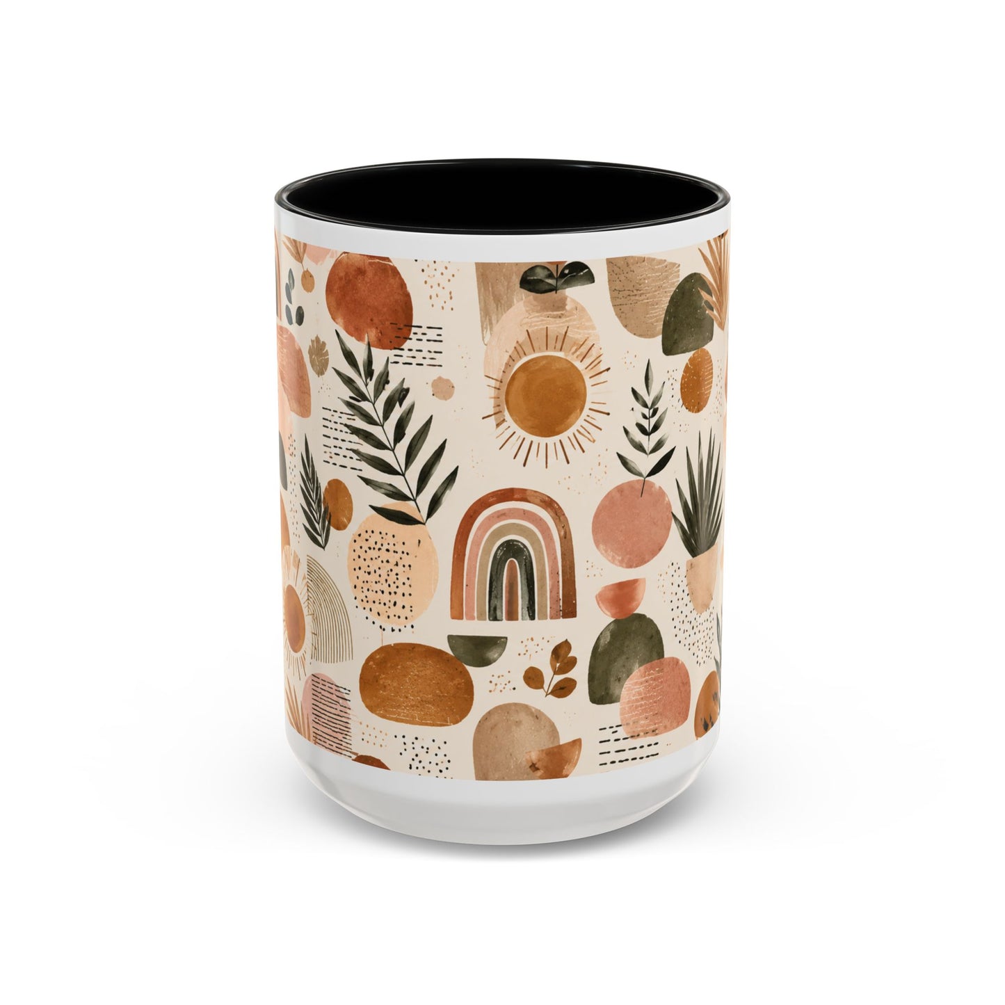 Boho Earth Tone Accent Coffee Mug — Abstract Rainbows & Plants (11/15oz)