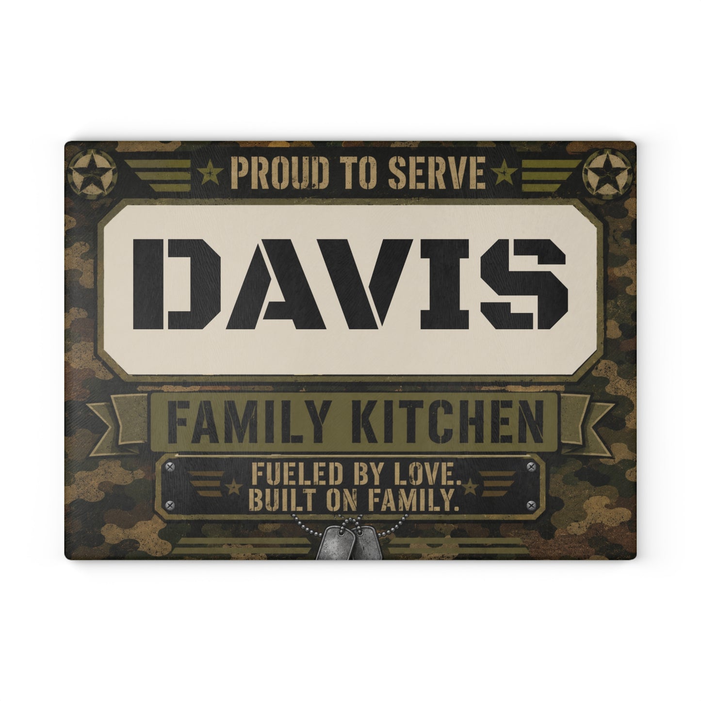 Personalized Military Camo Glass Cutting Board — “[YOUR LAST NAME] Family Kitchen: Proud to Serve”